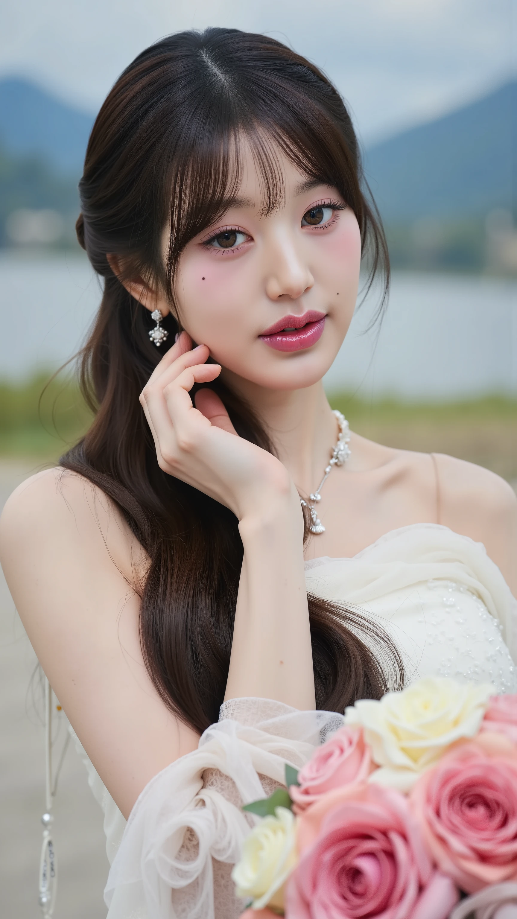 A close up of a woman in a wedding dress holding a bouquet, gorgeous young korean woman, beautiful young korean woman, beautiful south korean woman, jaeyeon nam, 2 , 2 , jinyoung shin, very beautiful young woman, very beautiful girl, 2 , korean girl, (Best quality, high resolution, Masterpiece: 1.3), a beautiful woman with a slender figure, (dark brown layered hairstyle), wearing a pendant, ((kebaya_bali)) outdoors, scenic beauty, lakes and mountains in distant background, details in face and skin texture beautifully rendered, details eyes, (best quality, high resolution, masterpiece: 1.3), a beautiful woman with a slim figure, (dark brown layered hairstyle),((kebaya_bali)), outdoors, background random, details in face and skin texture beautifully rendered, detail eyes, double eyelids, seductive laugh, feminine laugh, seductive pose.
Masterpiece, ultra detailed, realistic, photo realistic, high detail RAW color photo, professional photograph, extremely detailed, finely detail, lens flare, Dynamic lighting, 8K, RAW Photo, Best High Quality, Masterpiece: 1.2, Ultra HD: 1, High Detail RAW Color Photo, Pro Photo, Realistic, Photo Realistic: 1.5, Live Photo, Super detailed, Masterpiece, Real Skin, Realistic Skin, Realistic HD Eyes, Highly detailed Eyes, Perfect Eyes, Perfect face, Perfect fingers, extremely detailed face, extremely detailed eyes, extremely detailed skin, perfect anatomy.