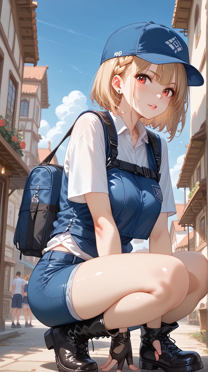 Eliayase, ayase eli, (Yellow hair:1.3), Blue eyes, Ponytail, Hair Ribbon, BREAK is Otonokizaka uniform, Pleated skirt, School uniform, Short sleeves, Skirt, Summer uniform, Sweater Vest, (Yellow sweater vest:1.5)、(Blake Blue Skirt:1.3), Plaid, plaid skirts,BREAK looking at viewer, BREAK (masutepiece:1.2), Best Quality, High resolution, Unity 8k壁纸, (Illustration:0.8), (Beautiful detailed eyes:1.6), extra detailed face, Perfect Lighting, extremely details CG, (Perfect hands, Perfect Anatomy),, Outdoors、 (View from behind1.3)、 (Blue stripes々Panties:1.3)、(Skirt that rolls up:1.3)、(Fully exposed panties:1.5),、red blush、embarrassed from、, Accidental exposure, Skirt lift, (Bag), (Ass), embarrassed, Blushing, wobbly mouth, (angry), from behind, Looking at Viewer, Outside, Panties, Sexy, thick thighs, wide hips