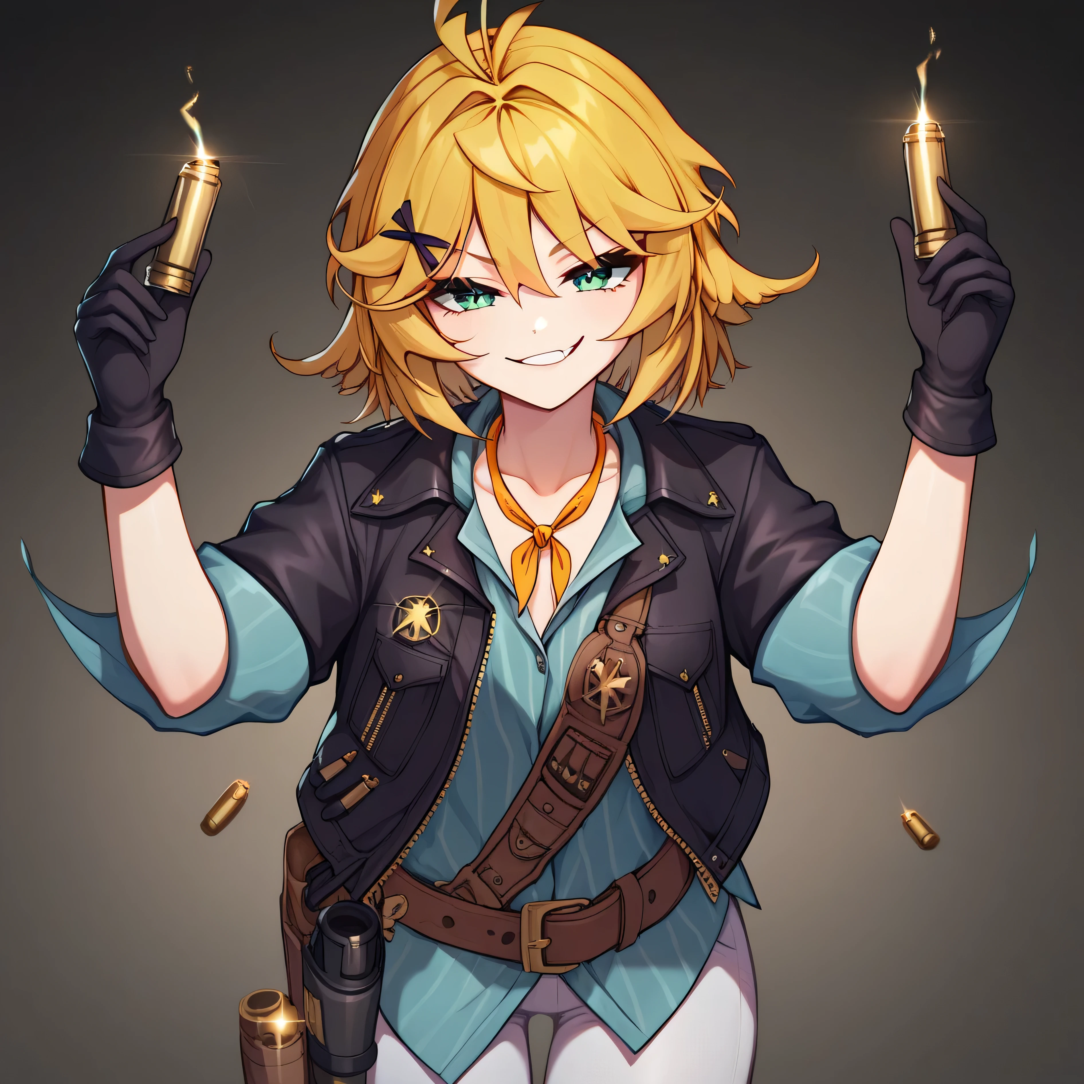 masterpiece, best quality, detailed eyes, detailed face, detailed skin, vivid eyes, score_9, score_8_up, score_7_up, full body shot, 1girl, solo, in recording studio, DokiBH, blonde hair, blue shirt, short hair, ahoge, (smug), x hair ornament, black jacket, black gloves, bangs, green eyes, hairclip, brown belt, pants, hair between eyes, vertical-striped shirt, white pants, open jacket, collarbone, yellow neckerchief, antenna hair, bullet, holster, sleeves rolled up,