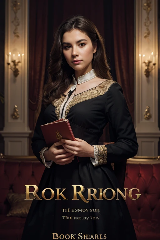 Create a realistic image where a woman wearing luxury normal dress and sitting on king size chair with crown 👑, she's crossed her hands, there is smoke in background a shadow. In background the name "Bharti" in big and bold letters is showing in bold reflection in shadows