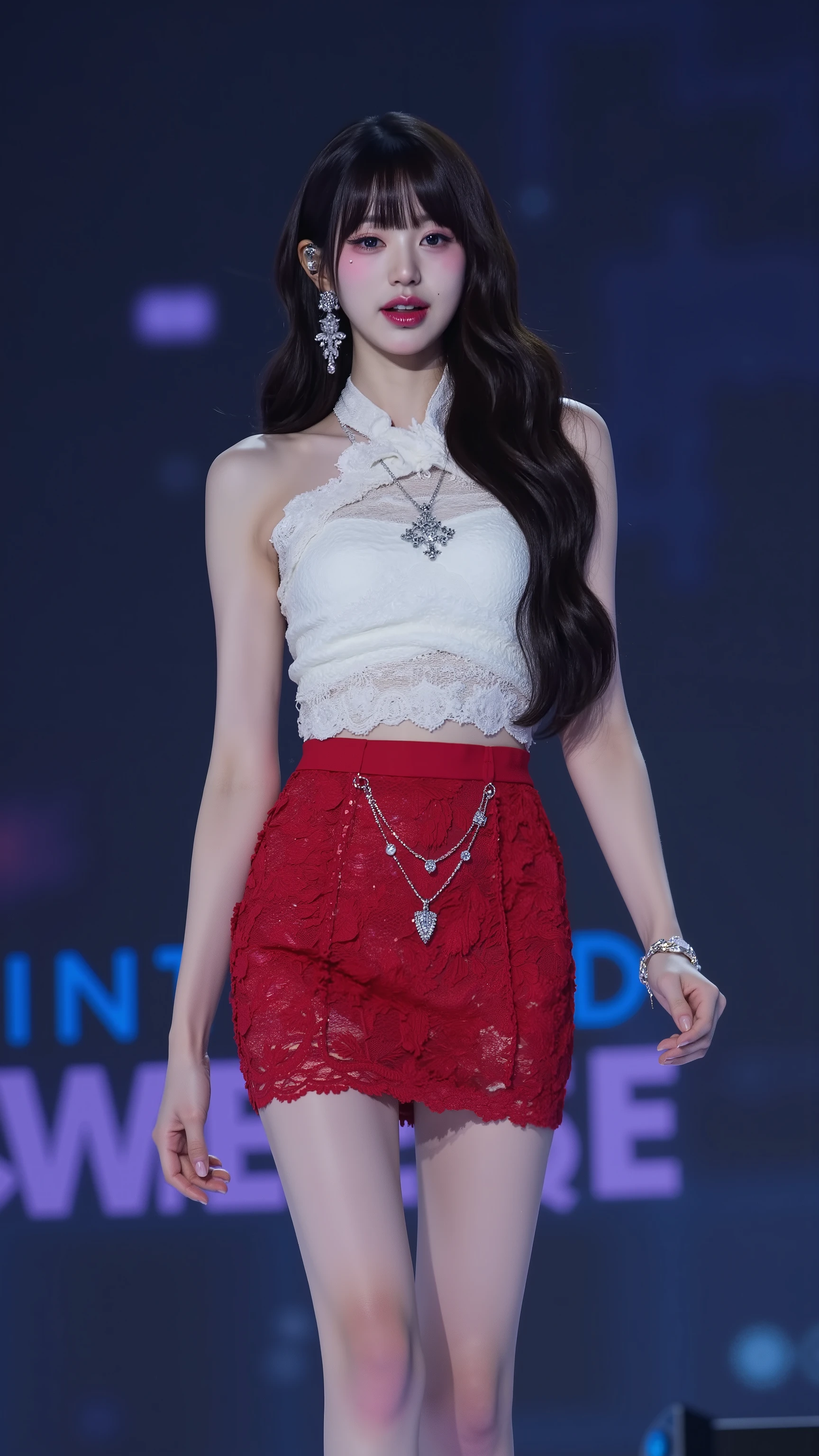 8k, masterpiece, RAW photos, best quality, Reality, extremely detailed CG unity 8k wallpaper, Depth of Field, light, lens flare, Ray Tracing, (Extremely beautiful face, Beautiful lips, beautiful eyes), Complex facial details, ((Ultra-delicate skin)) 1 girl, in the darkness, Deep Shadows, Beautiful Korean girl, Korean Idol,(Very slim slender fit-muscled body:1.3), ((Looking at the audience)),(A bright smile:1.3), (Fashion City Night, (neon ), (Blurred background), midnight, (nobody), (Background nobody:1.3), Beautiful Korean girl, White Diamond Earrings, Diamond Bracelet, Deya Necklace, Pantyhose, Clear eyes, Walk , front Photo, (Pale skin), Facing forward, (big eyes), full-body shot, ((see through, White top)), ((Red Skirt :1.3)), (Brown hair) (Looking at the audience:1.3), (Lace), Very slim, Medium breasts, Hermès bag