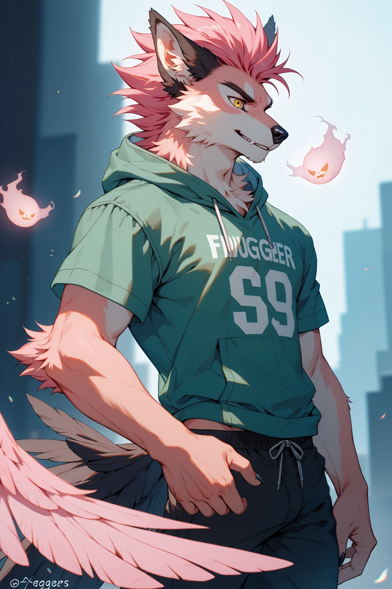 (by raier, by oouyuki benten, high quality),solo,anthro, male, Muscular, pink fox,(pink body, pink fur, blue eyes,fox tail, barefoot,), (transparent raincoat:1.4),(white tank top:1.3),(blue shorts:1.3),(Star pendant), whole body,(detailed background, Cyberpunk, Crowded intersection), close-up, night, (((foot on camera))), pawpads