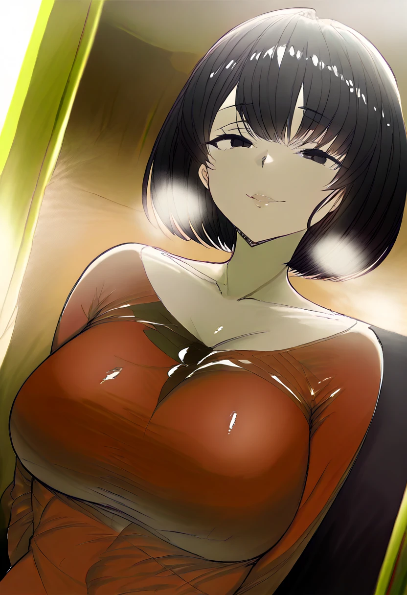 nsfw,large breast,black hair,short hair,nude,red bikini,shoot from front,looking at viewer,upper body,sexy pose,glistening body