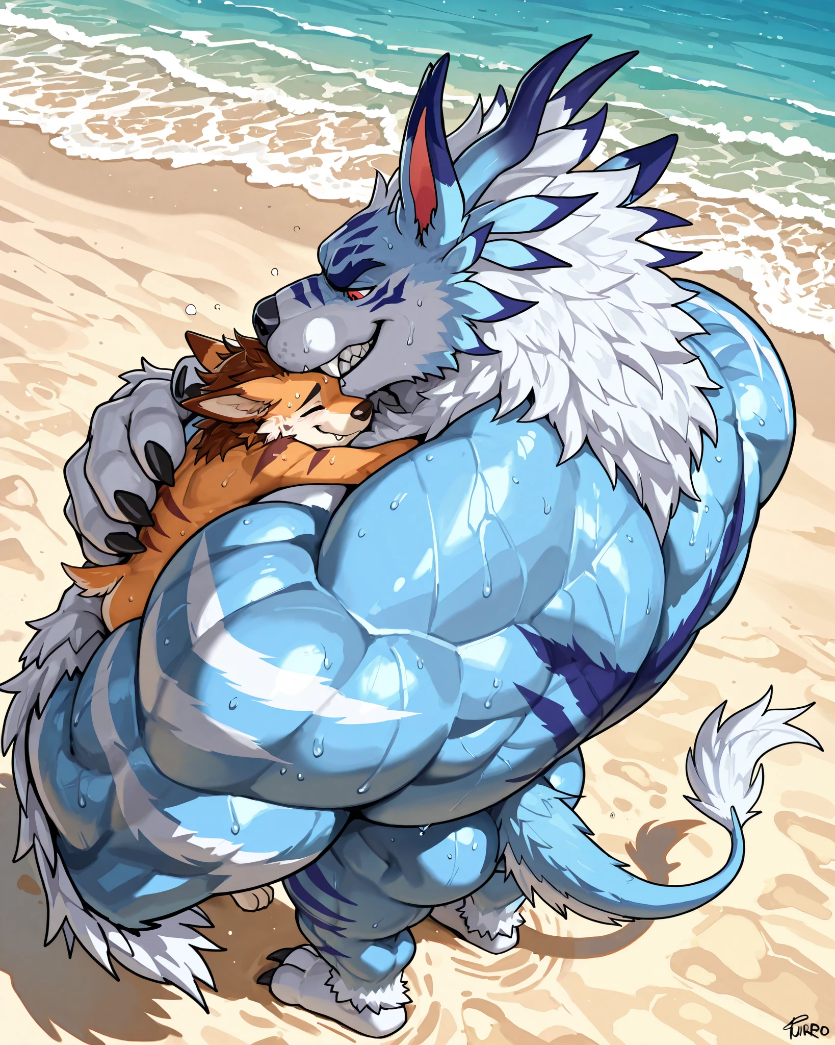 (two male ), polar bear dad well built, blue eyes, small nipples, white crest hair, cock, nude, floating, fucking a blue eyes dragon, ( small well built dark blue violet and azure scales and white belly  yellow crest hair  well built  fulfilled mergin skin ), kemono, high quality by rossciaco, high detail, from behind, high quality, anatomically correct, 4K