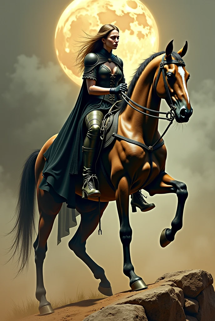 woman knight riding on a horse on the battlefield