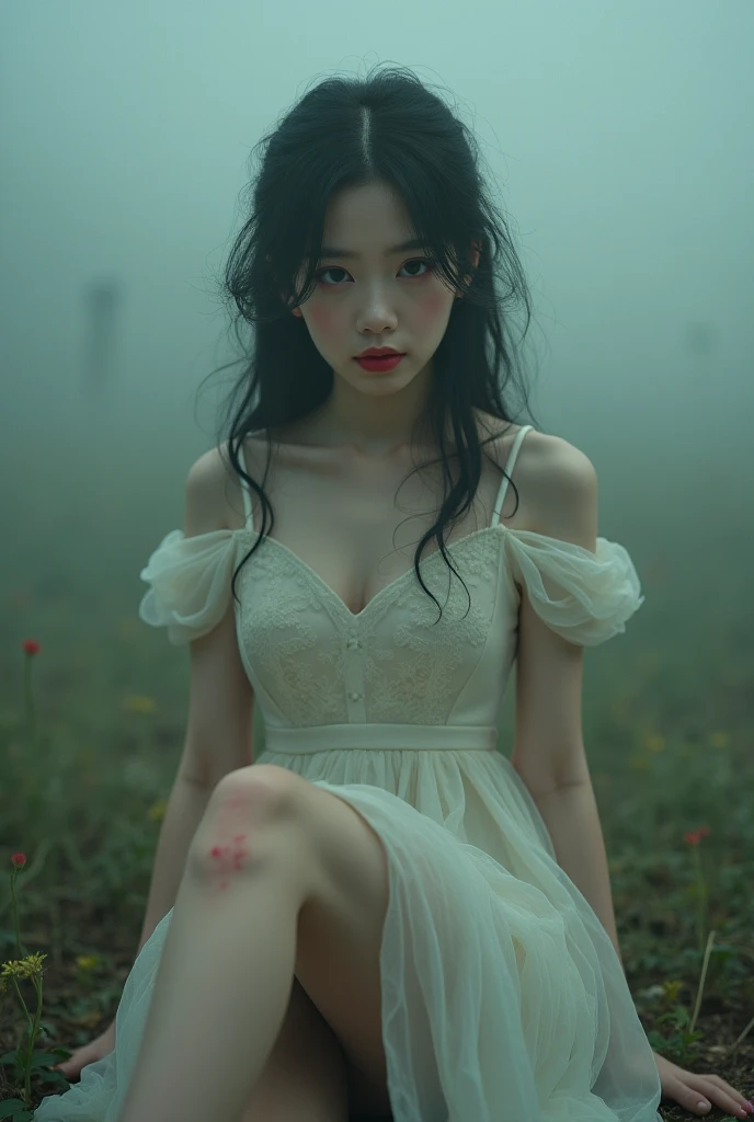 Ugly girl with disheveled hair in a white dress with red polka dots sits on a swamp hummock very realistic photo of the highest quality