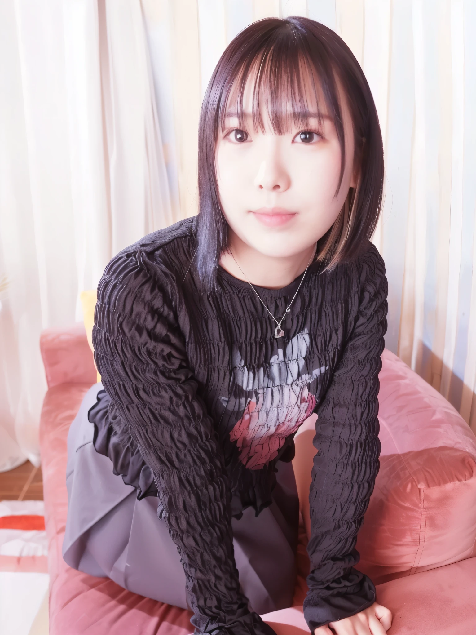 ollarbone,black t-shirt,off-shoulder look,bare shoulder,Denim mini skirt,open mouth,tongue out,cum on tongue,Sitting on a black sofa,looking ahead,from above,flont view,face focus,open mouth,tongue out,(1girl,Beautiful 16 year old girl),((Slender,Small breasts,Small face,)),looking at viewer,Black Hair,bangs,straight,Beautiful and detailed,Mischievous smile,Dimly lit room,Simple Background,Gray background,Low lighting
