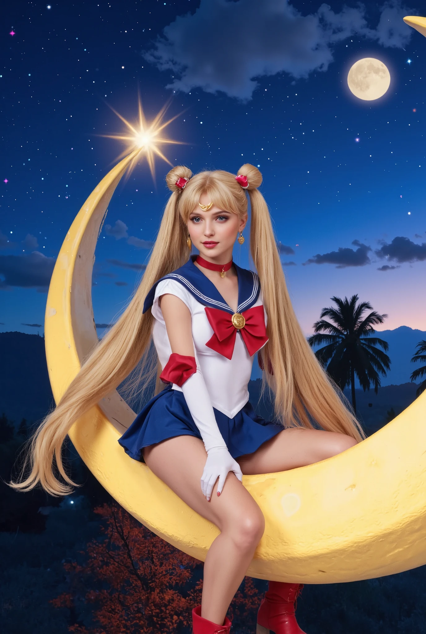 Create an image of a beautiful 20-year-old girl with fair skin and very long straight blonde hair styled in twin tails with two round buns. She is wearing a Sailor Moon costume. The background features a romantic night scene, with a large crescent moon that she is sitting on, partially extending off the screen.