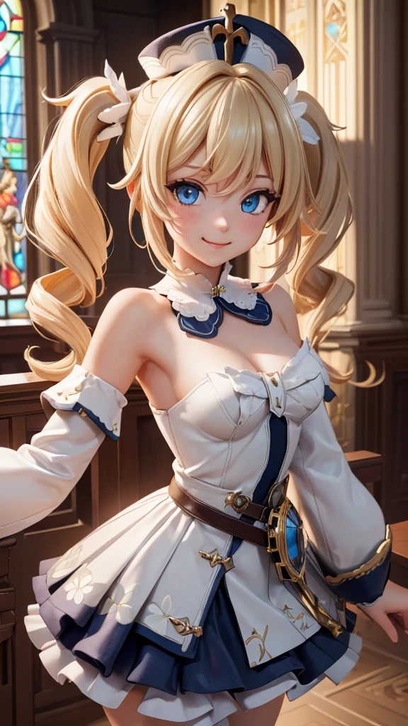 (extremely detailed CG unity 8k wallpaper,masterpiece, best quality, ultra-detailed, beautiful detailed eyes:1.2), high saturation, 1girl, barbara \(genshin impact\), frilled dress, bare shoulders, blonde hair, twintails, dancing, church, smile, looking at viewer,