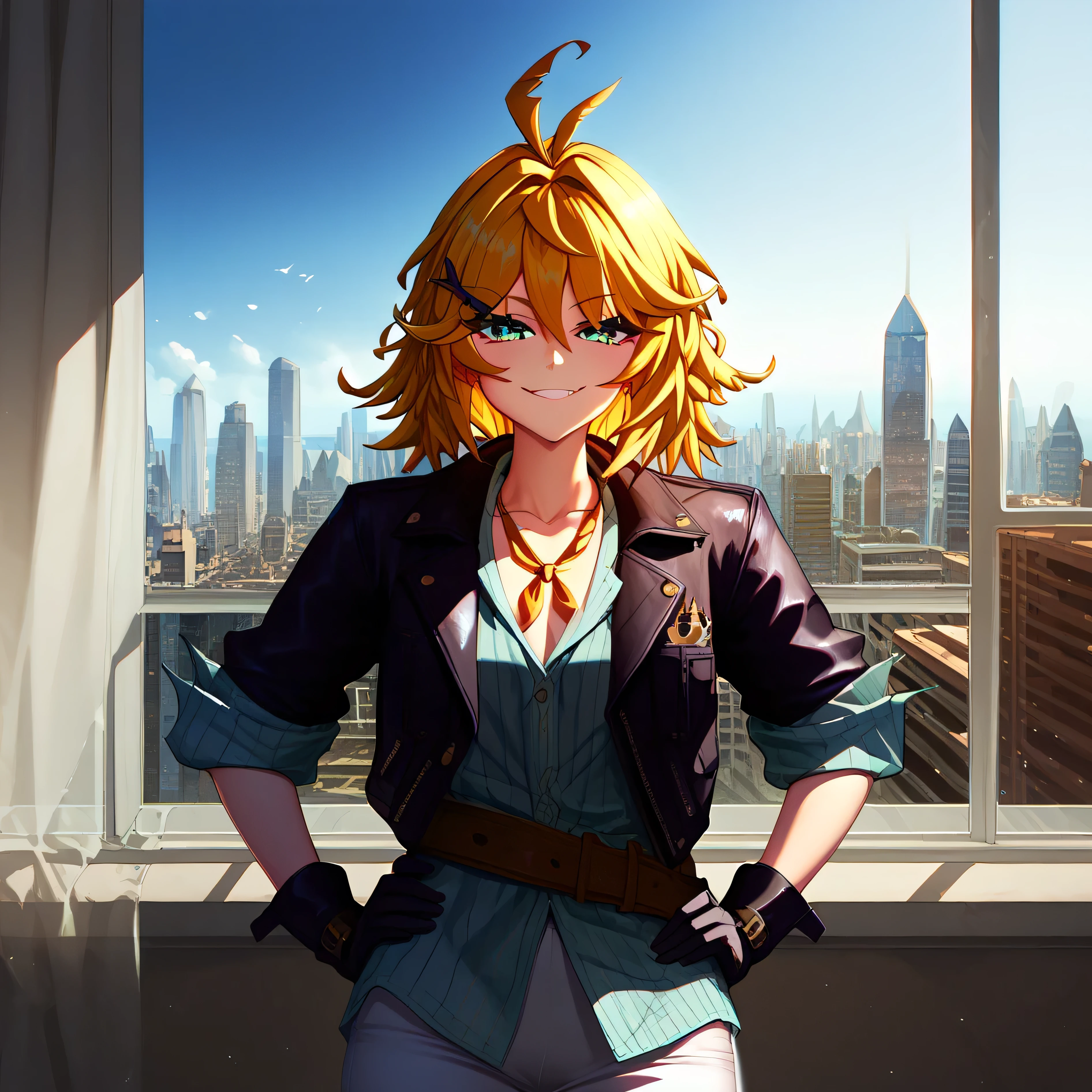 detailed, intricate details, FaceDetail, stunning, masterpiece, best quality, detailed eyes, vivid eyes, score_9, score_8_up, score_7_up, solo, 4partment indoors, window, scenery, cityscape, DokiBH, blonde hair, blue shirt, short hair, ahoge, smug, x hair ornament, black jacket, black gloves, bangs, green eyes, hairclip, brown belt, pants, hair between eyes, vertical-striped shirt, white pants, open jacket, collarbone, yellow neckerchief, antenna hair, sleeves rolled up, hands on hips,