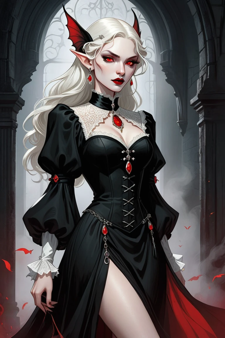 dark fantasy art, gothic art, (masterpiece:1.5), full body best details, highly detailed, best quality, highres, full body portrait of a vampire, elf (1.6, Masterpiece, best quality), ultra feminine, wizard (1.4 intricate details, Masterpiece, best quality) with a long curvy hair, light color hair, red eyes (1.3 fantasy art, Masterpiece, best quality), ((beautiful delicate face)), Ultra Detailed Face (1.4 intricate details, fantasy art, Masterpiece, best quality),vampiric fangs (1.6 intricate details, fantasy art, Masterpiece, best quality), red cloak, flowing cloak (1.4 intricate details, fantasy art, Masterpiece, best quality), wearing an intricate black dress (1.4 intricate details, fantasy art, Masterpiece, best quality), high heeled boots, urban background (intense details, beat details), fantasy, at night light, natural ,moon light, clouds, gothic atmosphere, soft light, dynamic light, [[anatomically correct]], high details, best quality, 8k, [ultra detailed], masterpiece, best quality, (extremely detailed), dynamic angle