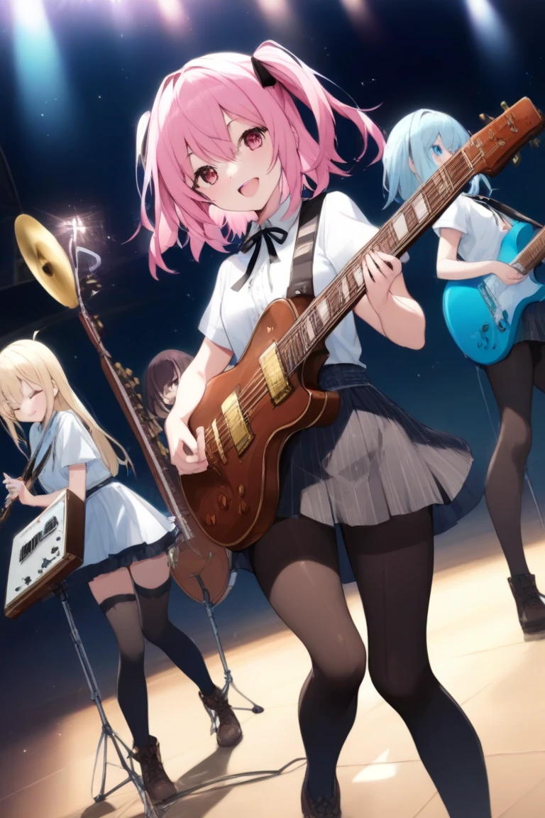 top quality, Anime style girl band, musical instrument, Performance, Song, 3 girls, smile, flashy production , stylish action with a simple sword