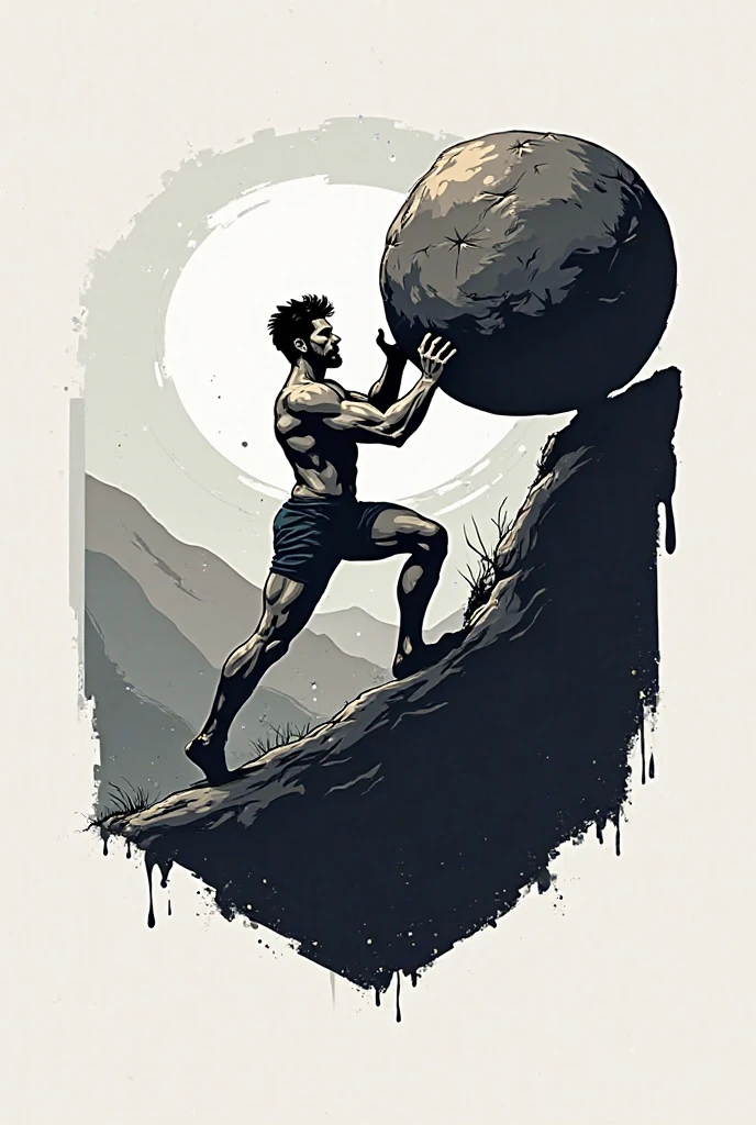A trash polka style tattoo that is representative of the myth of Sisyphus
