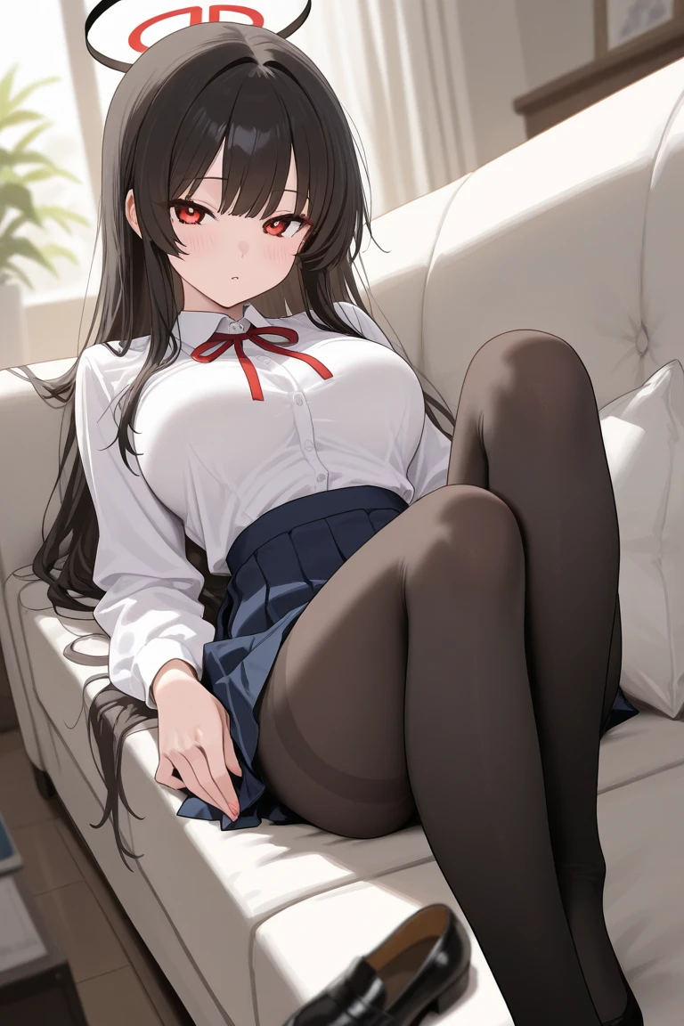 finest, masterpiece, High resolution, (Full body view from head to toe), Composition from slightly below the front, Symmetrical, 18 years old, slim and beautiful girl, alone, (small breasts), (not wearing shoes),Unkempt brown hair, bangs, (black tights), (black pantyhose), tied up with both arms hidden behind the back, , blush, shy big eyes, looking at camera, blazer uniform, plaid pleated skirt、Panties around ankles、Black knee-high socks