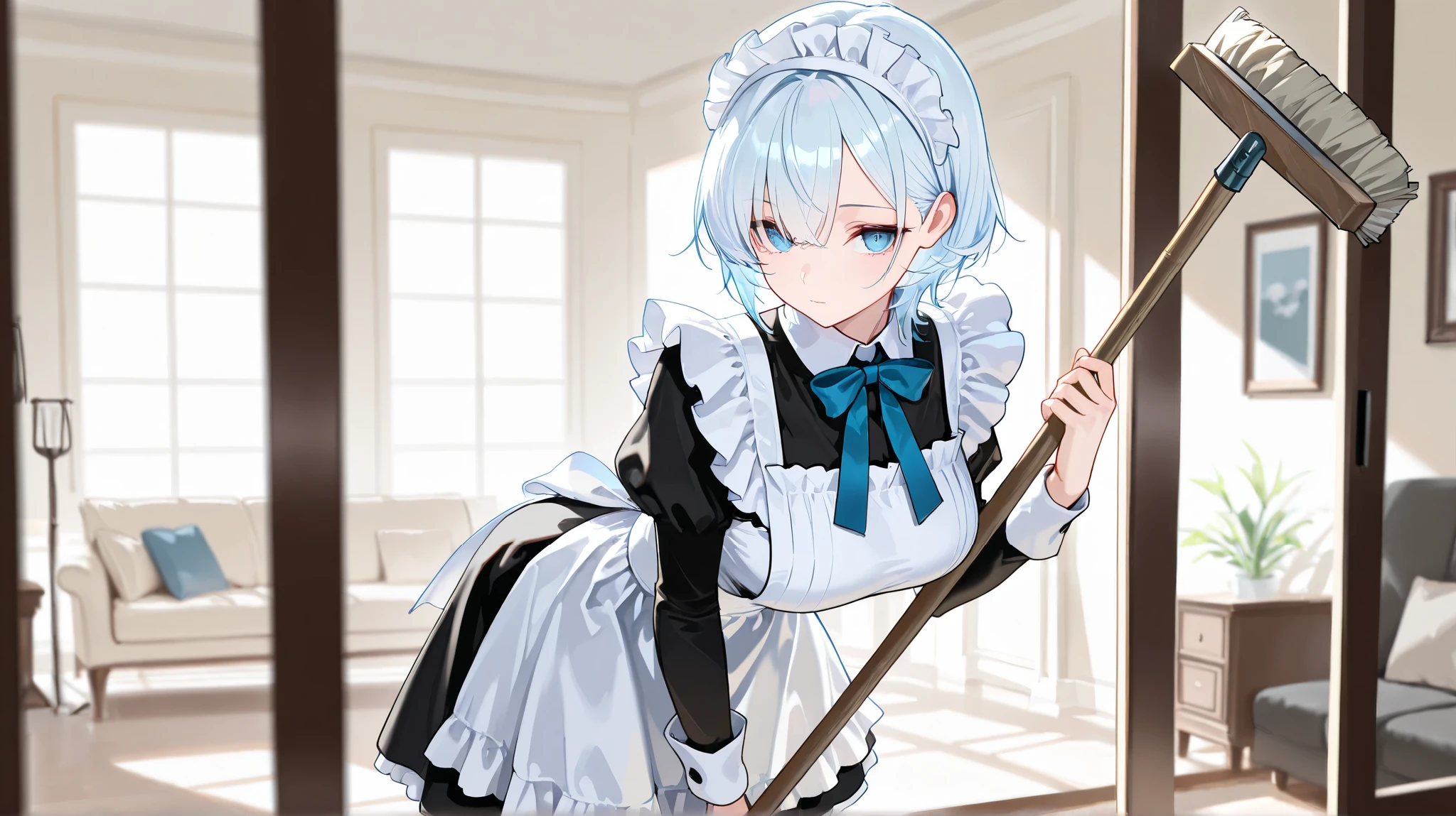 masterpiece, best quality, detailed face, detailed eyes, 1 girl, solo, beautiful, big chest, slender body, mature, light makeup, adorable, sharp eyes, closed mouth, short hair, light blue hair outer, white hair inner, very long side bangs, short tidy bang, vibrant blue eyes, white maid headband, classic maid dress, blue bowtie, white overknee socks, Indoor background, living room, holding broom, sweeping, standing straight, day, depth of field, bloom, soft lighting, looking to viewer