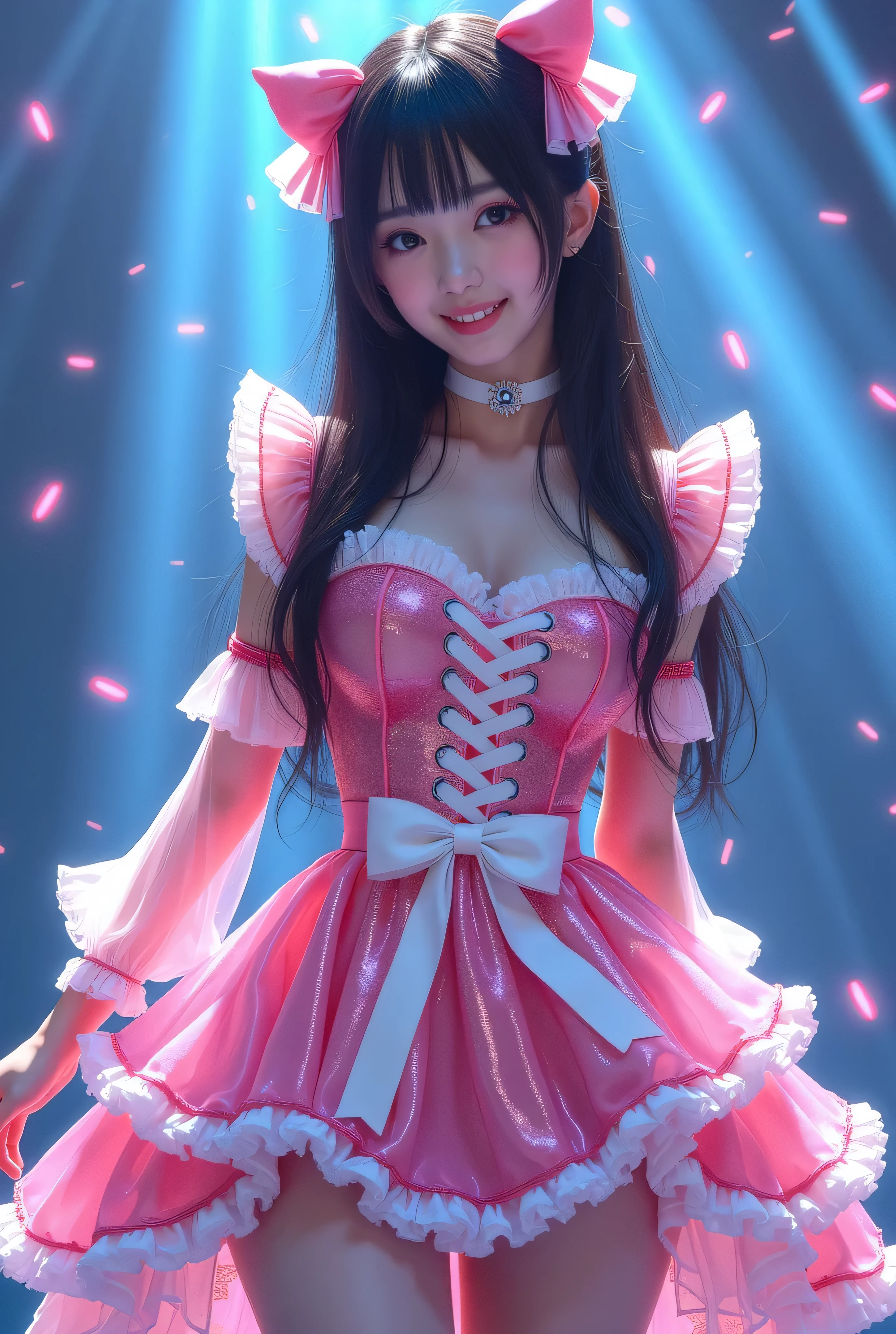 Create a highly detailed, realistic image of a young woman with long, dark hair styled with two small pink bows on either side. She is wearing a vibrant and transparent shinning glossy pink short dress that has a layered, frilly design with white ruffled edges on the sleeves and neckline. The dress has intricate lace-up details on the front, with white ribbons crisscrossing over the bodice. A large, white bow is tied around her waist, and the skirt is layered with multiple ruffles, alternating between white and pink frills. The upper part of the dress has a mix of white and blue accents, especially around the shoulders, giving it a lively, idol-like appearance. The girl’s expression is cheerful and playful, with a radiant smile, captured both in performance and posing with a slightly pensive look. Ensure that her outfit appears shiny and glossy, reflecting stage lights, and incorporate a vivid, performance-like atmosphere in the background. Some Lights shooting around, she hold microphone,  head thighs portrait, show sexy leg, 1girl 