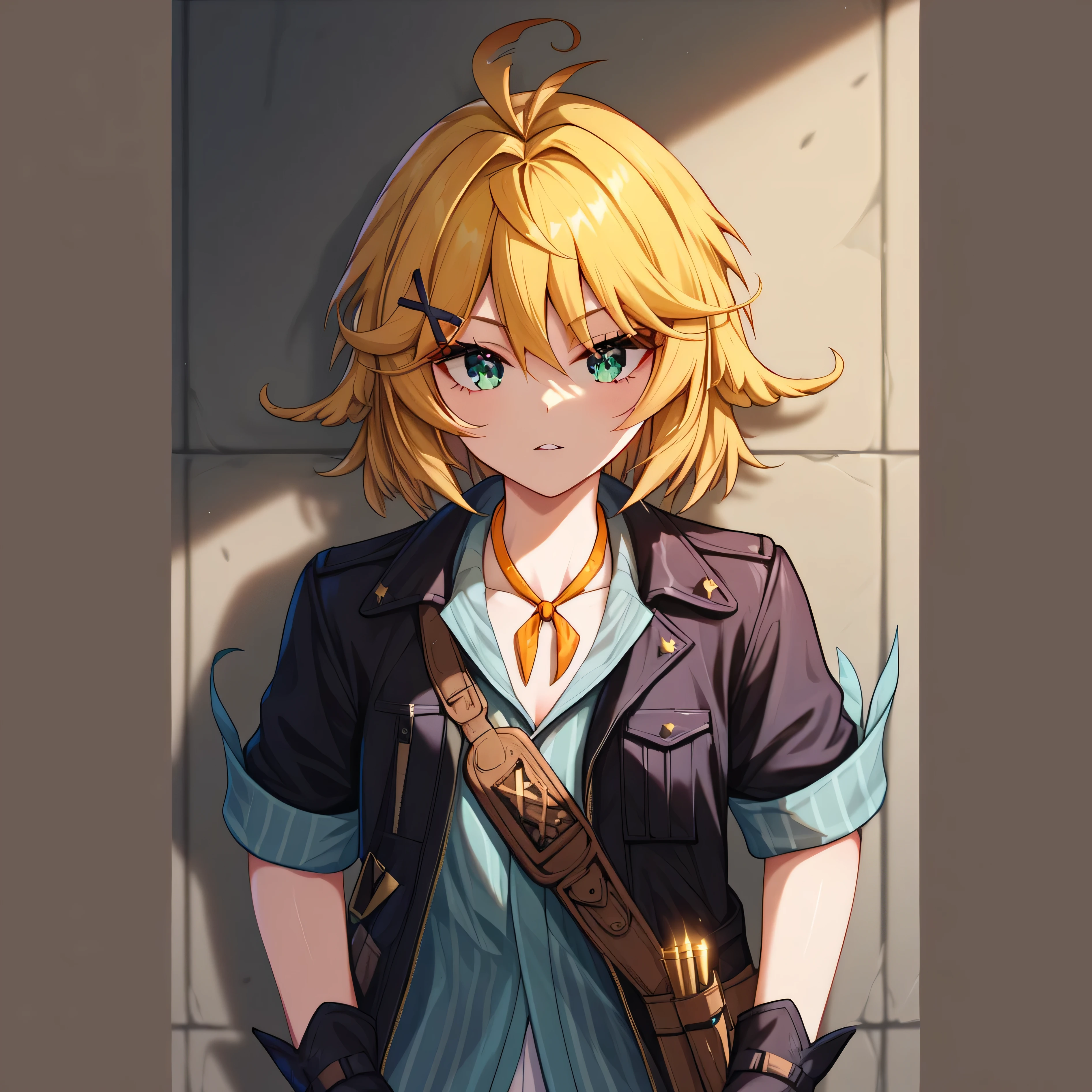 masterpiece, best quality, detailed eyes, detailed face, detailed skin, vivid eyes, score_9, score_8_up, score_7_up, full body shot, 1girl, solo, in studio, DokiBH, blonde hair, blue shirt, short hair, ahoge, x hair ornament, black jacket, black gloves, bangs, green eyes, hairclip, brown belt, pants, hair between eyes, vertical-striped shirt, white pants, open jacket, collarbone, yellow neckerchief, antenna hair, bullet, holster, sleeves rolled up,