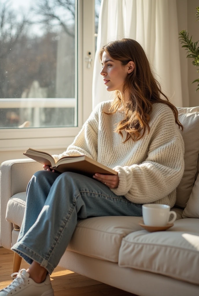 A serene and sunlit room, bathed in the warm glow of summer's golden hour, serves as the backdrop for a woman deeply engrossed in a book. She sits comfortably in a plush armchair, her posture relaxed yet attentive. Her face radiates happiness, with a gentle smile playing on her lips as she reads. Her eyes, bright and focused, move steadily across the pages. The soft, golden light of the setting sun streams through a nearby window, casting a warm, amber glow on her features and highlighting her contentment. A cozy throw blanket is draped over her lap, and a steaming cup of tea rests on a small table beside her, adding to the tranquil ambiance. The overall atmosphere is one of peaceful joy and concentration, capturing a moment of pure, unhurried pleasure in reading during a perfect summer evening.