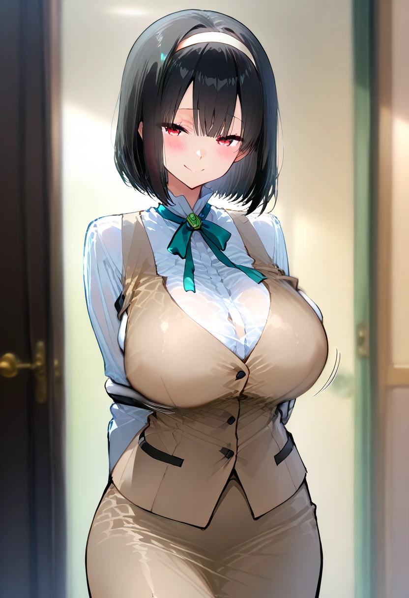 highest quality, (masterpiece:1.2),
alone,open your mouth、 smile,A 40-year-old Japanese woman with black hair、Handsome Short Hair、Mother、part your bangs in the middle、I can see the forehead, (huge breasts)
(white tight knit、Vertical sweater、gray long skirt、Black suspenders)
Are standing, looking at the viewer,I can see the whole body、from the front