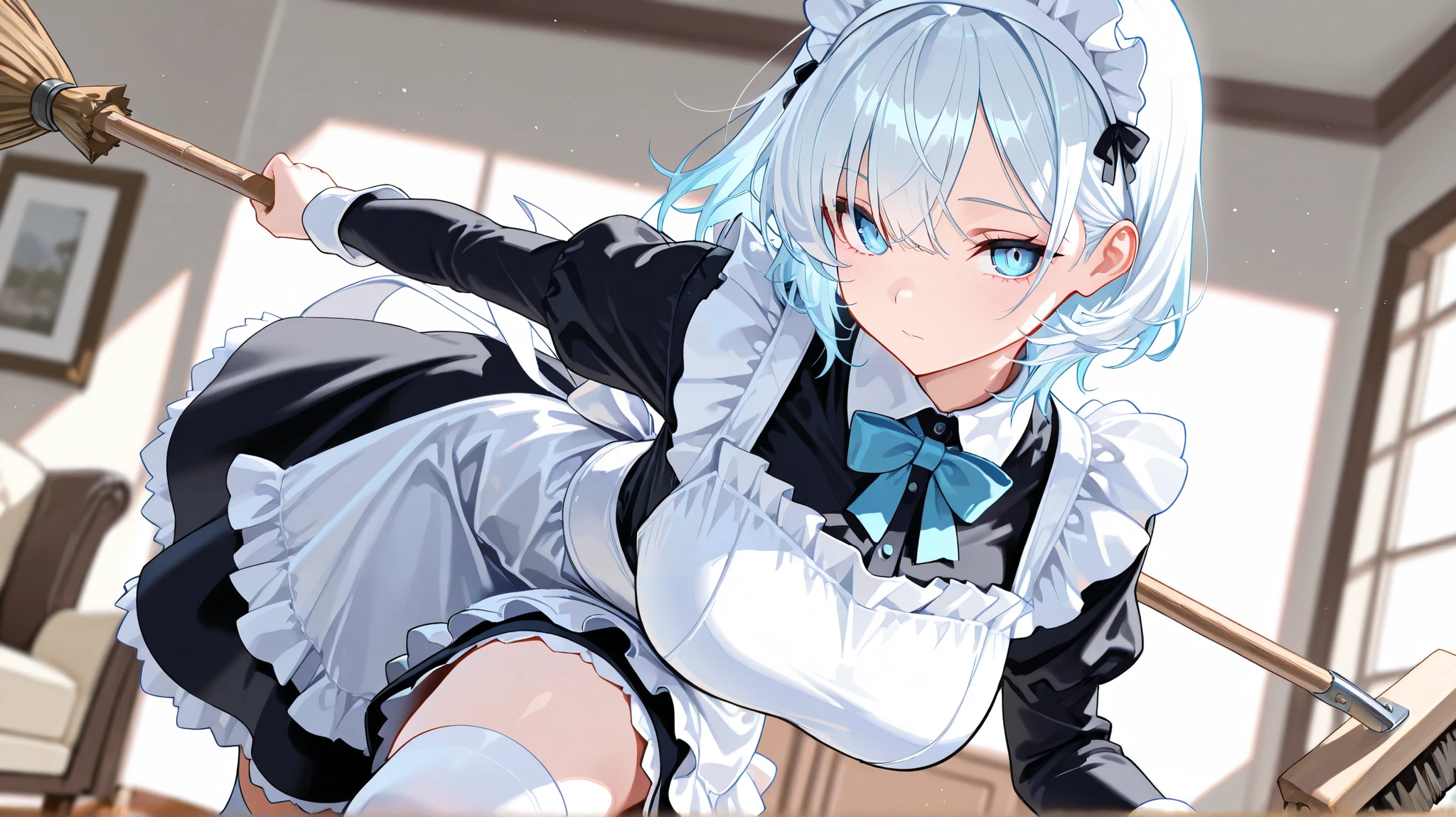 masterpiece, best quality, detailed face, detailed eyes, 1 girl, solo, beautiful, big chest, slender body, mature, light makeup, adorable, sharp eyes, closed mouth, short hair, light blue hair outer, white hair inner, very long side bangs, short tidy bang, vibrant blue eyes, white maid headband, classic maid dress, blue bowtie, white overknee socks, Indoor background, living room, holding broom, sweeping, standing straight, day, depth of field, bloom, soft lighting, looking to viewer