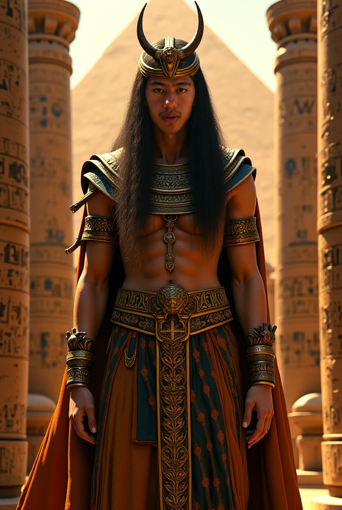 huge sexy masculine inflated tall man Asian, without beard and stubble, with long flowing straight hair in full height with open eyes, Looking Forward, - he is the god of the moon, golden saber in hand, Apollo&#39;s body, silver jewelry on hips, naked torso to the waist, in a floor-length silver skirt, semicircular patterns on clothes, depicting the moon, Covered with a black cape, in black clothes, semicircular symbols on clothes    
In the temple with Arabic architecture 

DARK FANTASY STYLE