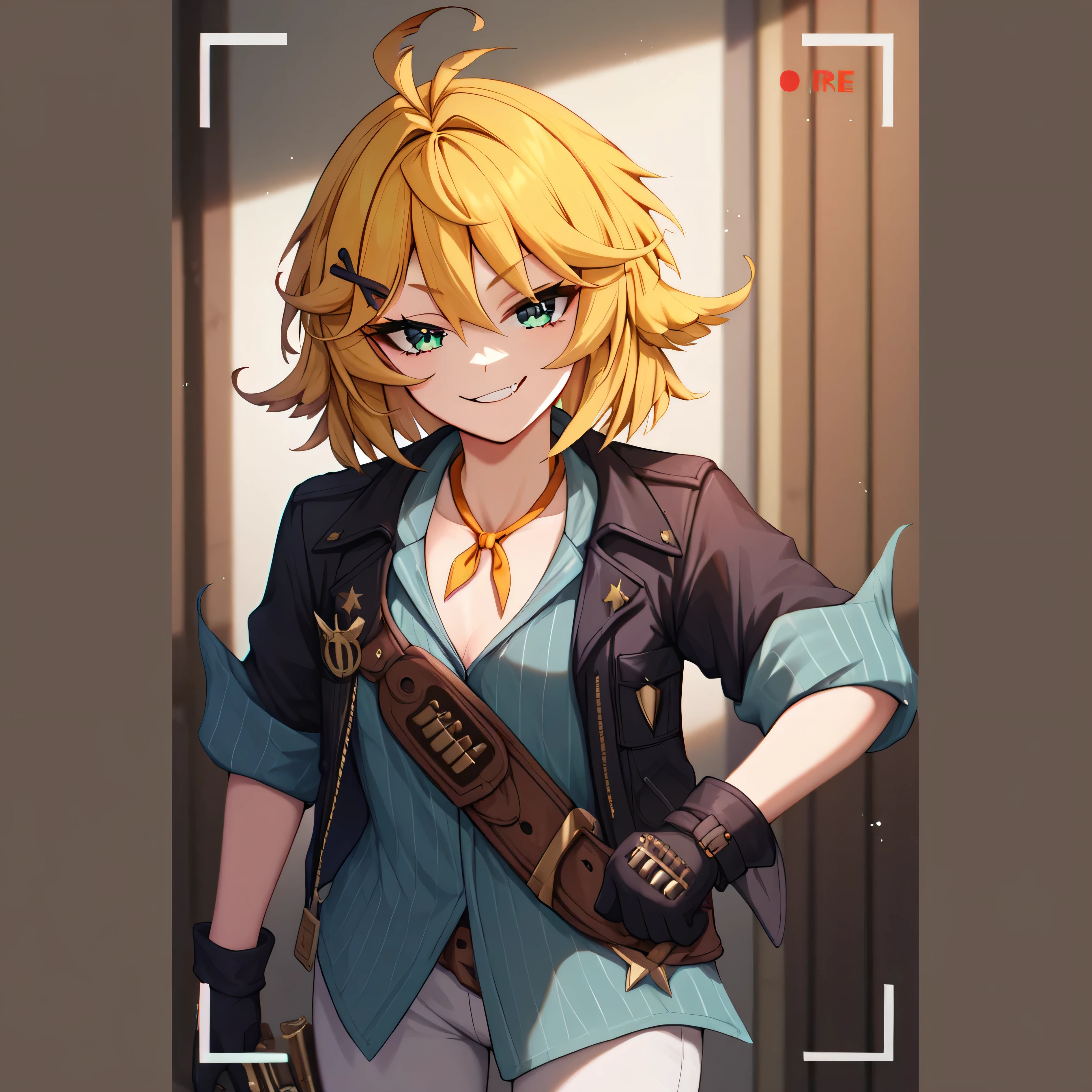masterpiece, best quality, detailed eyes, detailed face, detailed skin, vivid eyes, score_9, score_8_up, score_7_up, full body shot, 1girl, solo, in recording studio, DokiBH, blonde hair, blue shirt, short hair, ahoge, (smug), x hair ornament, black jacket, black gloves, bangs, green eyes, hairclip, brown belt, pants, hair between eyes, vertical-striped shirt, white pants, open jacket, collarbone, yellow neckerchief, antenna hair, revolver, holster, sleeves rolled up, looking at viewer, flipping viewer off,