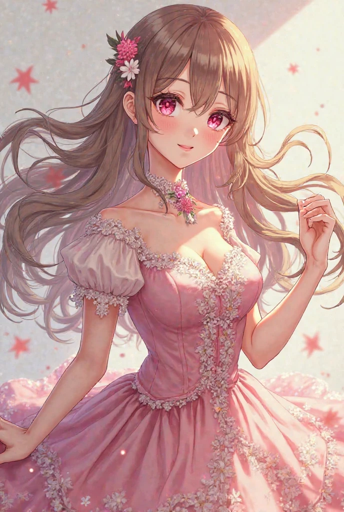 Brown and pink hair, brown eyes, older woman, long thick hair, hair ornaments, happy, cat ears, dress outfit, pink and teal backgrounds, pose, abstract background, fantasy outfits, butterflies