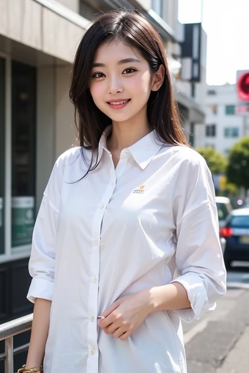 1 girl, Tokyo Street,night, Streetscape,City lights,Upper Body,close,smile,, (8k, RAW Photos, highest quality, masterpiece:1.2),(Realistic, photo-Realistic:1.37),