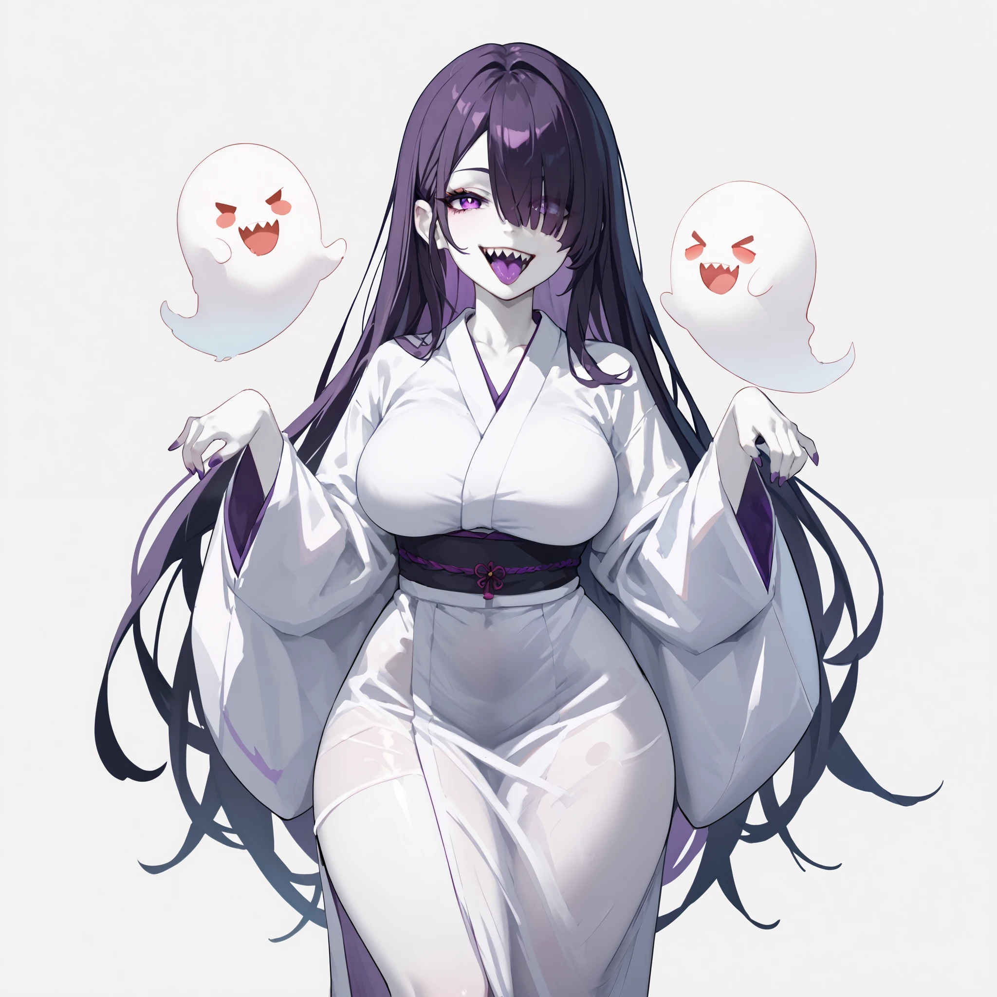 1girl, solo, monster girl, ghost, ghostly, transparent, very long black hair, hair over one eye, purple eyes, pale skin, (white skin:1.3), sharp teeth, big breasts, narrow waist, wide hips, thick thighs, white kimono, ghost pose, ghost, purple tongue, open mouth, smirk, cute, looking up, standing, looking at viewer, simple background, from the front view