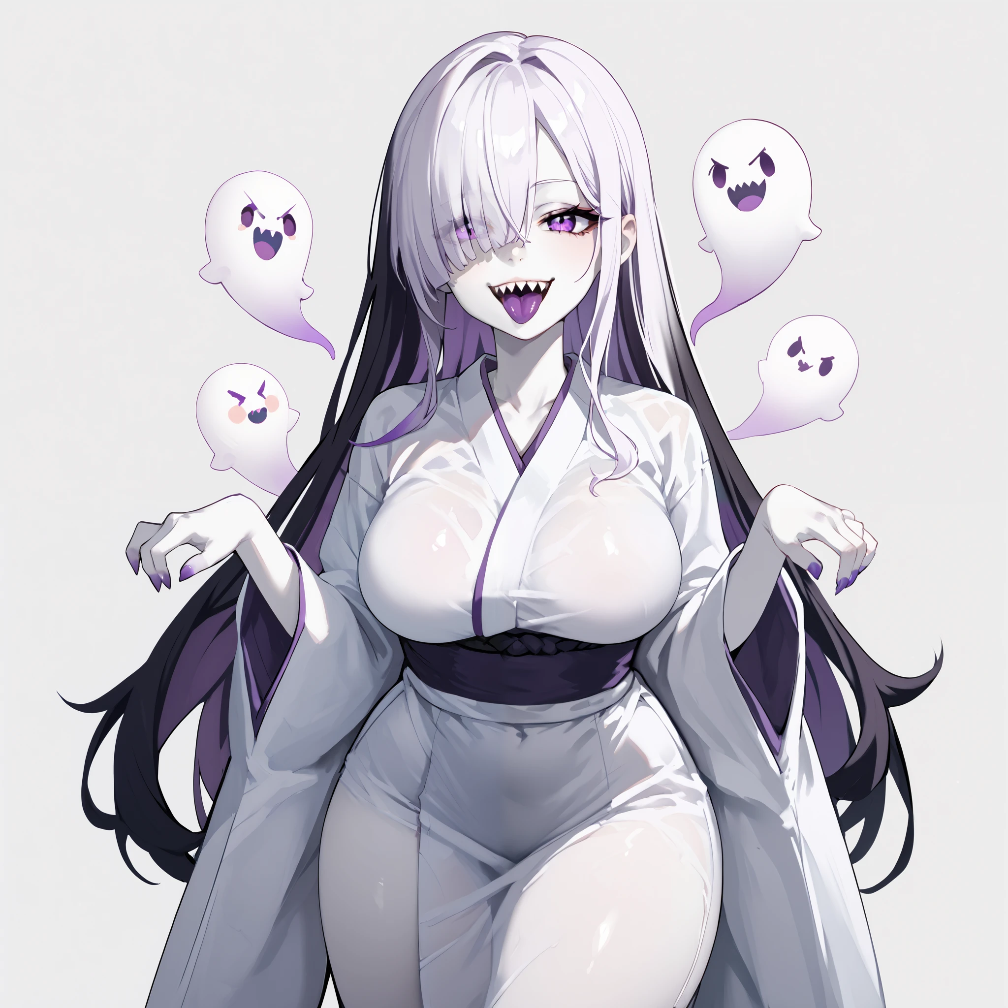 1girl, solo, monster girl, ghost, ghostly, transparent, very long black hair, hair over one eye, purple eyes, pale skin, (white skin:1.3), sharp teeth, big breasts, narrow waist, wide hips, thick thighs, white kimono, ghost pose, ghost, purple tongue, open mouth, smirk, cute, looking up, standing, looking at viewer, simple background, from the front view