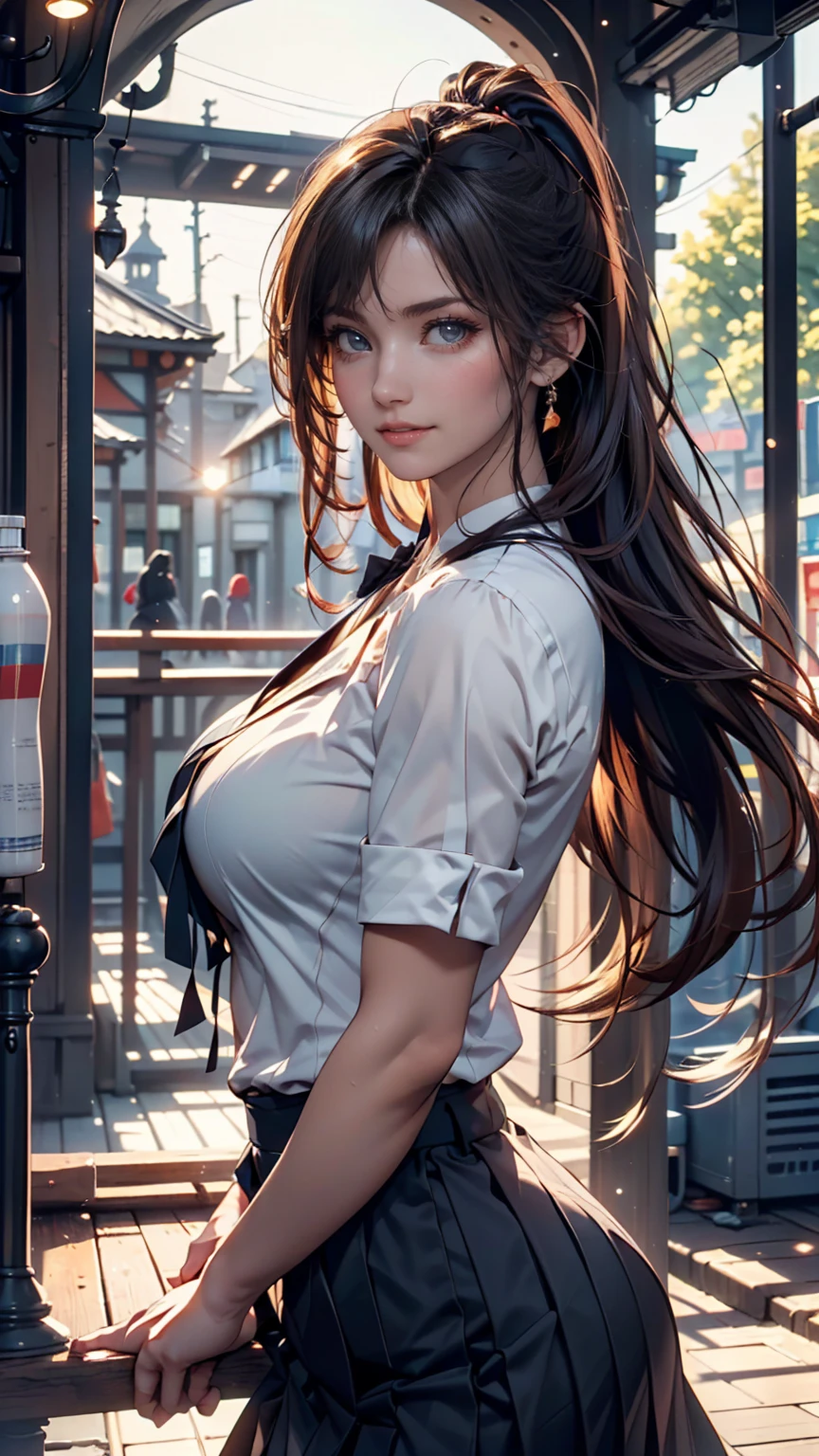 (best quality:1.5, highres, UHD, 4K, detailed lighting, shaders), brown haired, gradient hair, large breasts, suit, gray shirt, social shirt, short skirt, mature woman , (pov), white background, colorful eyeshadow, dramatic lighting, sparkling eyes, sensual expression, golden earrings, flowing hair, delicate facial features, dark skin, high cheekbones, raining, urban setting, white background, dont look for the camera, lean forward, view from behind, wet  by the rain.