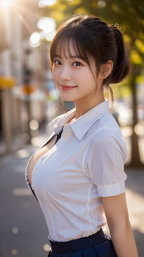 bright表情、Realistic:1.32、Highest quality、超A high resolution、最も美しい日本のgirlの写真、Cute and beautiful face details、Small face、美しいbangs、、Shine, fair, Shine肌、Hair gets tangled in the face、(girl１Only people:1.3)、顔まで伸びるbangs、bangs、Hair between the eyes、Attractive brown silky hair、bright、彼女の澄んだ瞳は魅力的にShine、Cute pose、Highest quality、((世界一可愛いgirl))、Japanese、((Summer School Uniform:1.3))、((Open shirt:1.3))、(Low waist pleated mini skirt)、Newest Brands、(ponytail:1.3)、(Thin ribbon)、Nice and cute、An innocent smile、nice smile、Cleavage、(Big Breasts:1.3)、(Show erect nipples:1.5)、Brown Hair、Tight waist、Beautiful eyes in every detail、View your viewers、Upper Body、Face close-up、Front view、