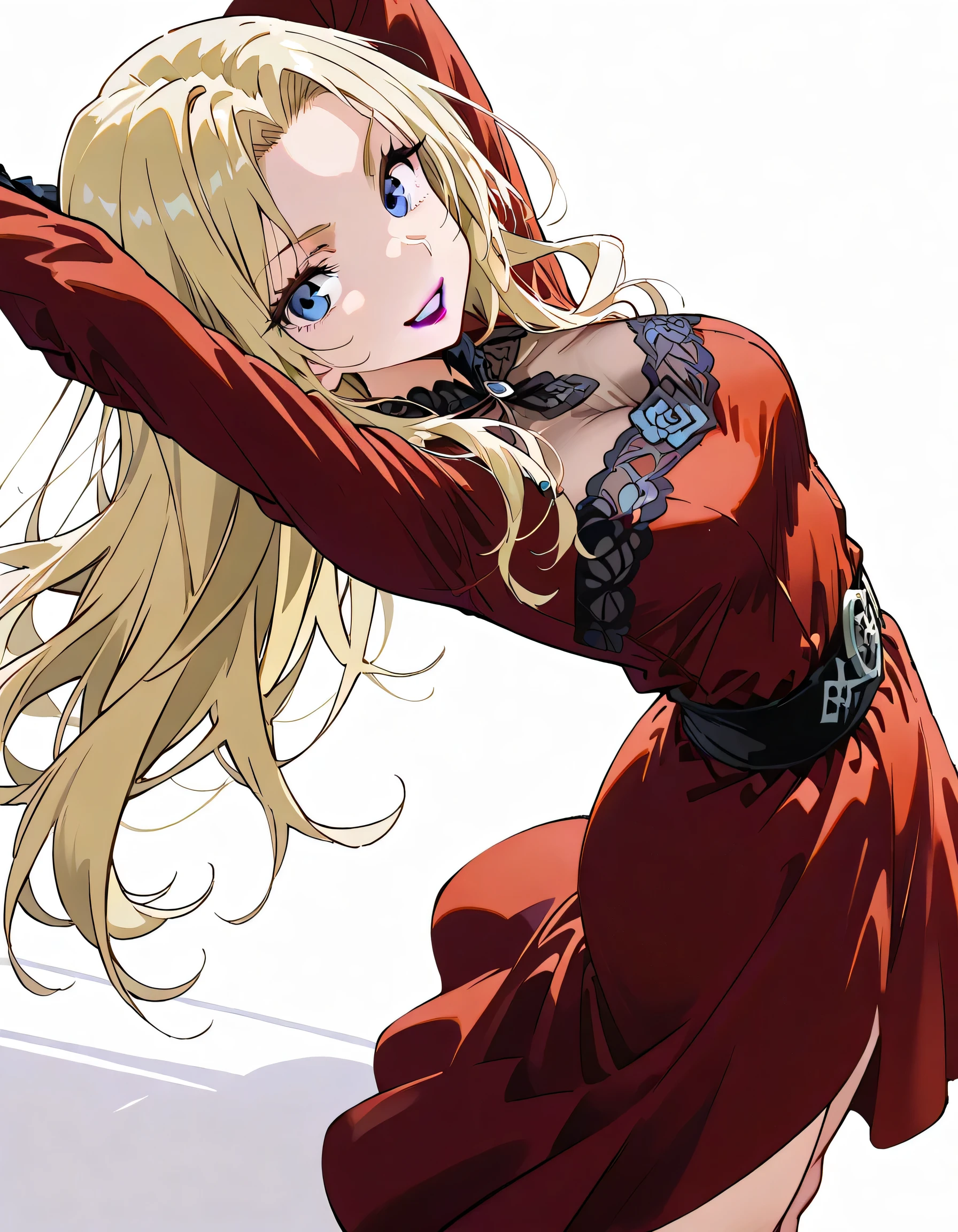 sideview,(dynamic angle,dynamic standing pose),looking at viewer:1.3,solo,Vermouth,long hair,blonde hair,natural cosmetic,adult female face,purple full lips, lipstick,blue eyes,red dress,nice legs,grin,soft lineart,(white color background)