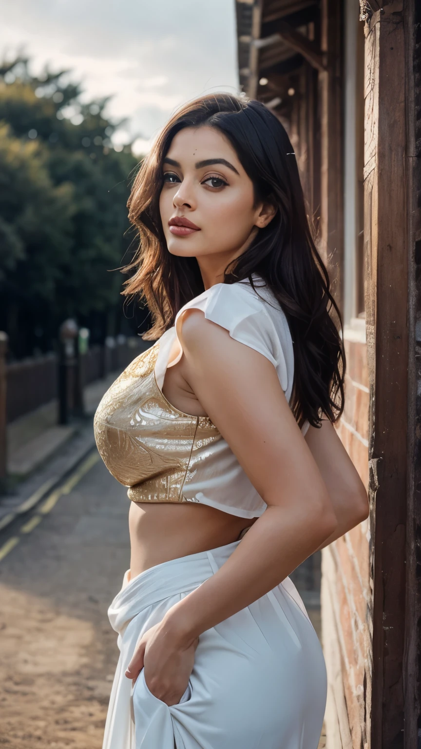 cowboy shot scenic professional photograph of RAW photo, photorealistic, [:intricate details:0.3], best quality, photo of beautiful Aishwarya Rai Bachchan Indian actress 45y old woman, with brown hair, detailed skin, (like a plus size:1.1), (beautiful round shape breasts:1.1), (big ass:1.1), ( white, red, blue, color saree with blouse), 1girl, graceful body structure, from front, looking at viewer, cowboy shot, in outdoor London town city, natural color, perfect viewpoint, highly detailed, wide-angle lens, hyper realistic, with dramatic sky, polarizing filter, natural lighting, vivid colors, everything in sharp focus, HDR, UHD, K Photorealistic, Hyperrealistic, Hyperdetailed, analog style, detailed skin, matte skin, soft lighting, subsurface scattering, realistic, heavy shadow, masterpiece, best quality, ultra realistic, 8k, golden ratio, Intricate, High Detail, film photography, soft focus