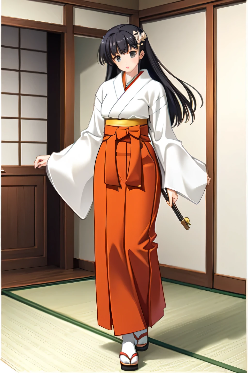 (( best quality )),(Ultra high resolution),( tall Highly detailed ),( Detailed explanation ),(( best CG )),( Best Works of Art ), Ultra Precision Art, amazing painting art,( Exact Detailed Art :1.5), Shrine Maiden Samurai, Japanese shrine maiden costume armor , white headband , Rin 々A cool appearance, Sharp Eyes, Old-fashioned, full body, front, long black hair, witch costume, red pants-style skirt with wide hem