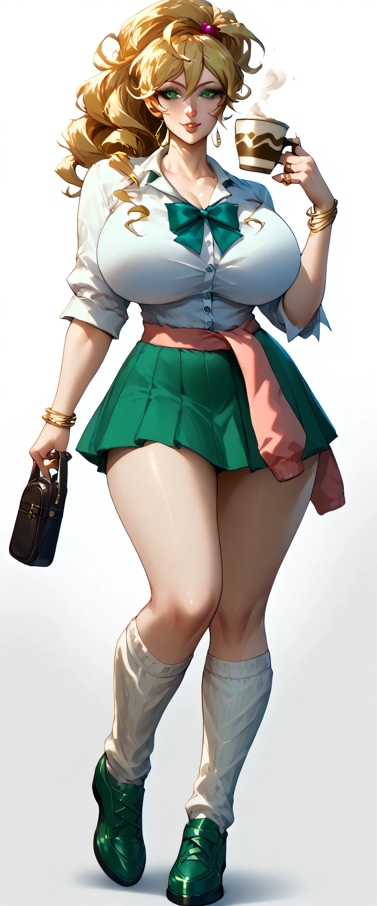 A beautiful sexy girl beautiful big breast sensual wavy yellow curling iron long loose curly ruffled her light green eye wears a white shirt with tight green buttons and a metallic green skirt white socks coffee shoes gold bracelet arm