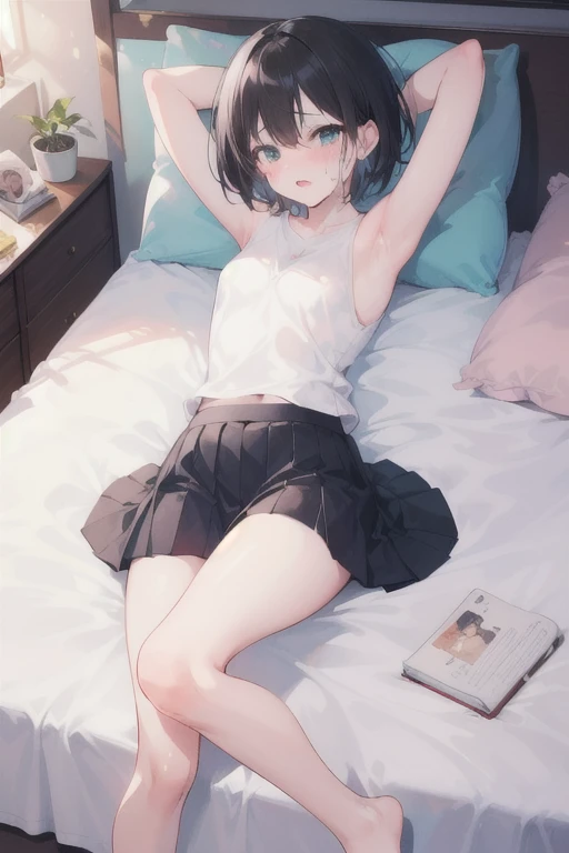 1girl, short black hair, blue eyes, wearing plain white shirt, short skirt, lifting skirt, no panties, bed, high res, ultrasharp, 8K, masterpiece, looking at viewer