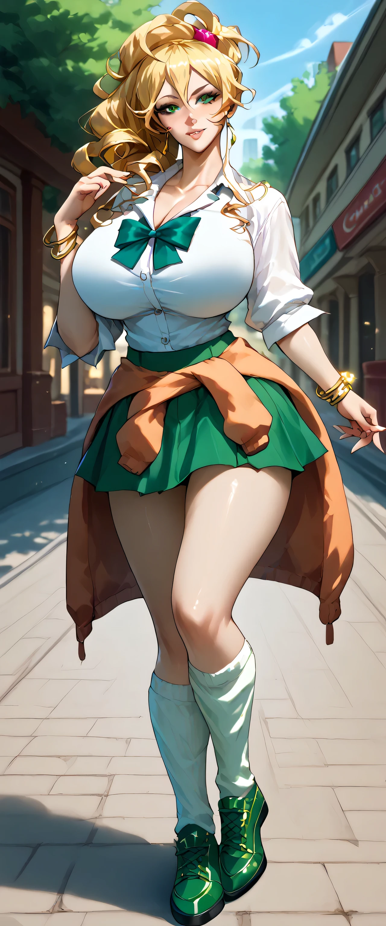 A beautiful sexy girl beautiful big breast sensual wavy yellow curling iron long loose curly ruffled her light green eye wears a white shirt with tight green buttons and a metallic green skirt white socks coffee shoes gold bracelet arm