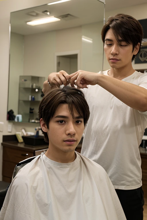 Realistic depiction in the style of Naoya Kuroshima，Best quality perfect fix，Naoya Kurishima plays a charming hairdresser，Medium build，A devastated futuristic world near a crashed Japanese train，He found himself struggling to survive in extreme conditions，Look for water or communication。