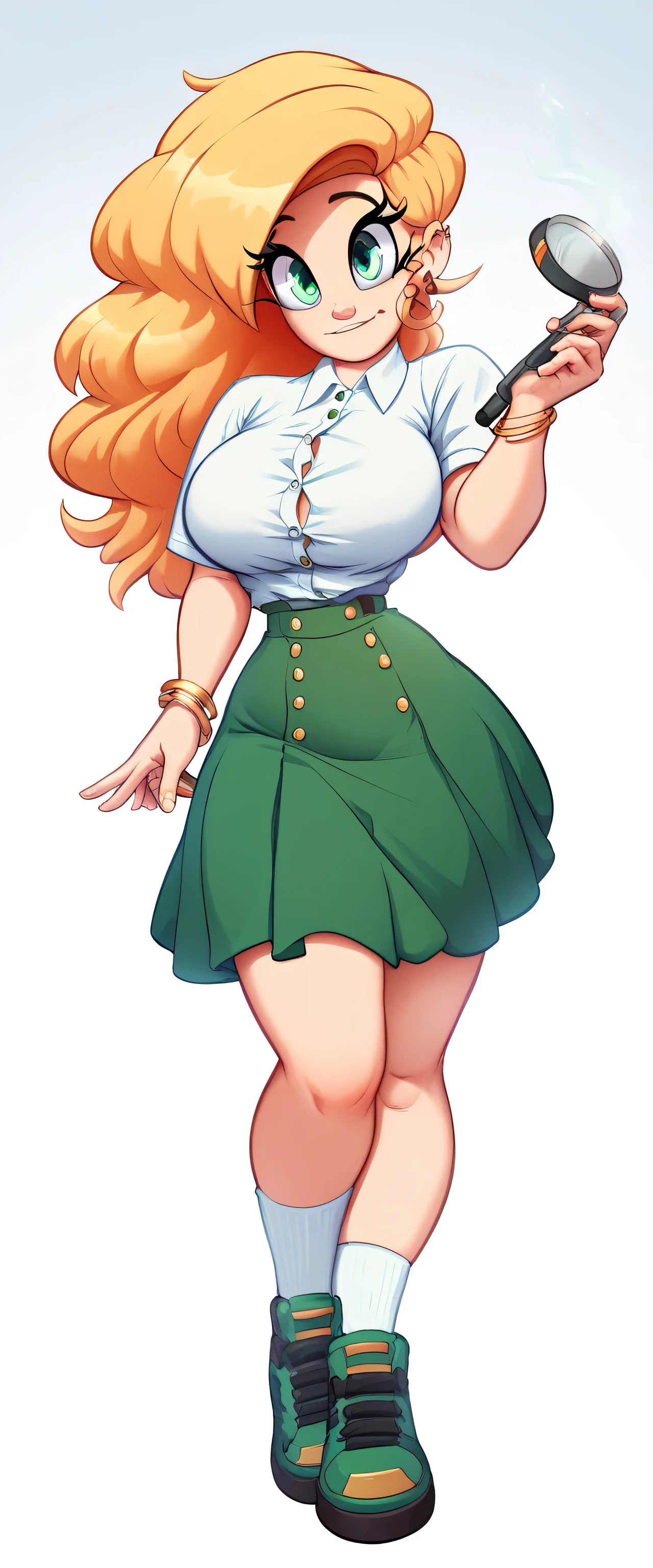 A sexy Gal girl beautiful beautiful big breast sensual wavy yellow hair long curling iron loose disheveled her light green eye wears a white shirt with tight green buttons and a metallic green skirt white socks coffee shoes gold bracelet arm