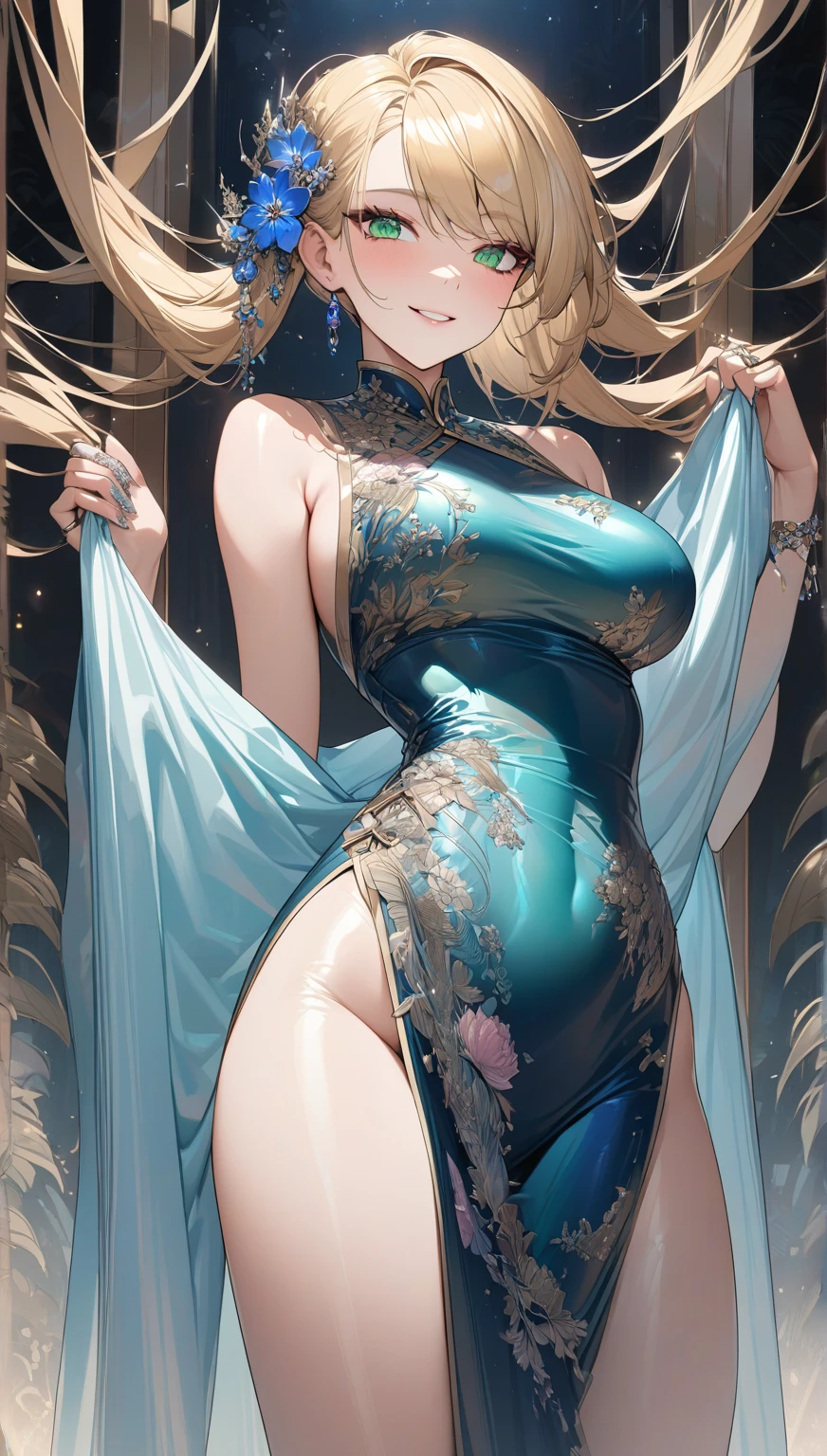((masterpiece, best quality, highest quality, ultra-detailed, 32K cg wallpaper, high resolution)),1 woman,golden hair,light blue eye,very long ponytail hair,center parted bangs,huge breasts,smile,parted lips, bare shoulders, light green china dress, chinese clothes, short dress, cleavage cutout, sideboob, thighs, standing,from left in front,bed side,
