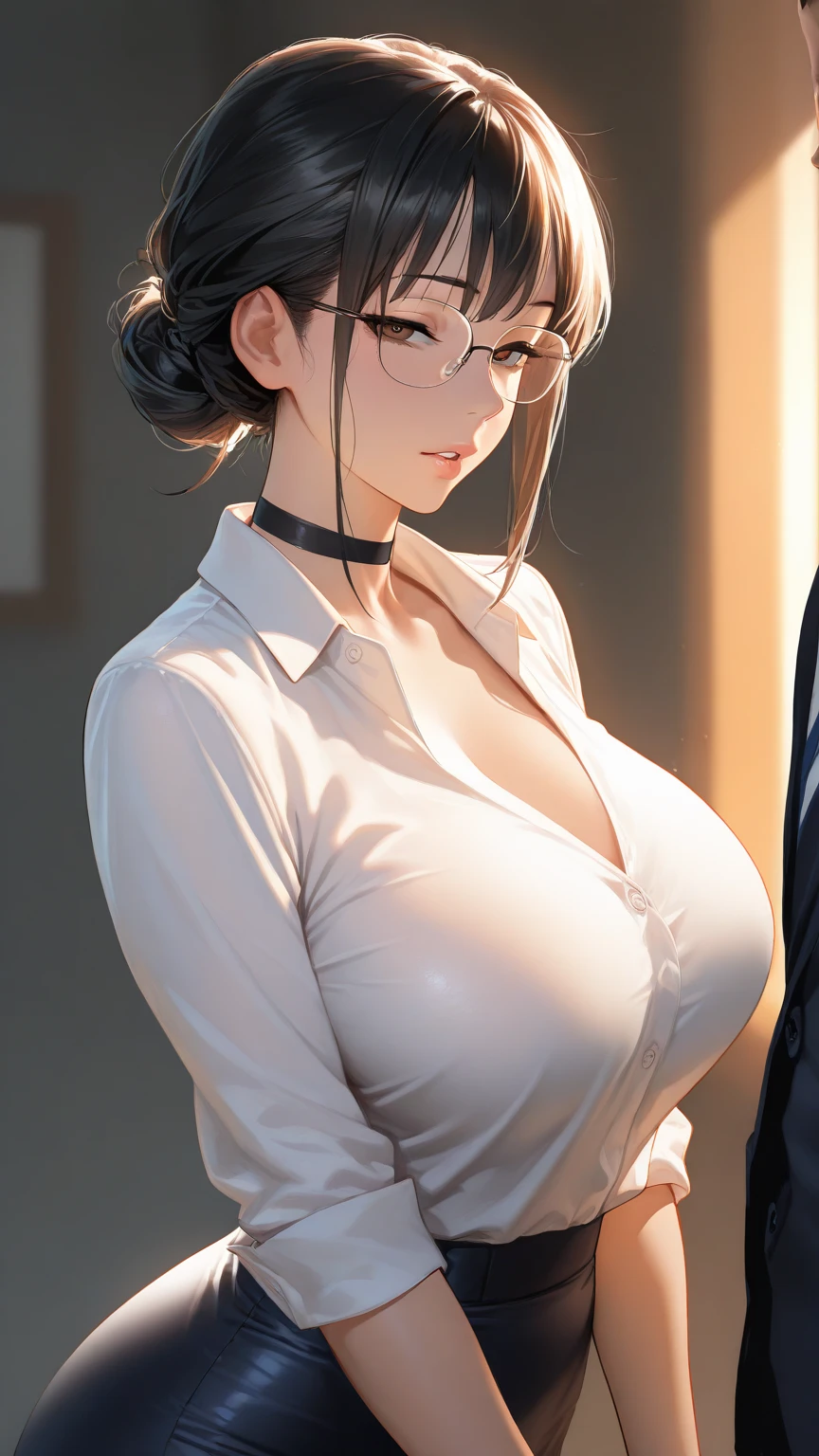 Masterpiece, Beautiful art, professional artist, 8k, Very detailed face, Detailed clothing, detailed fabric, 1 girl, View from the front, standing, crossed arms, pose sexy, BIG BREASTS, perfectly drawn body, shy expression, pale skin, beautiful face, long dark brown hair, 4k eyes, very detailed eyes, pink cheeks, glasses, choker:1.6, (white long sleeve button down shirt with white collar), black gloves, gloves that cover hands, (shiny black tight mini skirt), Sensual Lips, show details in the eyes, Elegant living room, At night