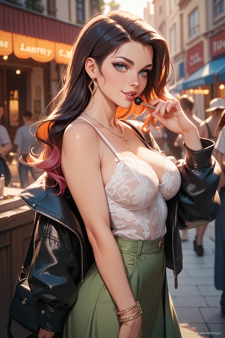 ((Best quality)), ((masterpiece)), (detailed: 1.3)
Beautiful woman, one girl, very detailed eyes, very detailed hair, very detailed clothes, very detailed face, 20 years old girl
((Purple eyes)), ((black hair, long wavy hair, long side bangs)), ((elf ears)), heart earrings, piercing, tanned skin, ((white leather jacket)), ((white lace bralette)), ((white leather shorts)), large breasts, cleavage, thick ass, choker, heart necklace, beautiful eyelashes, eyeliner, sultry eyes, juicy lips, soft blush, smooth skin, freckles, natural eyebrows.
Posing sexily, provocative, looking at viewer, in love with viewer, cinema lighting, standing, restaurant.