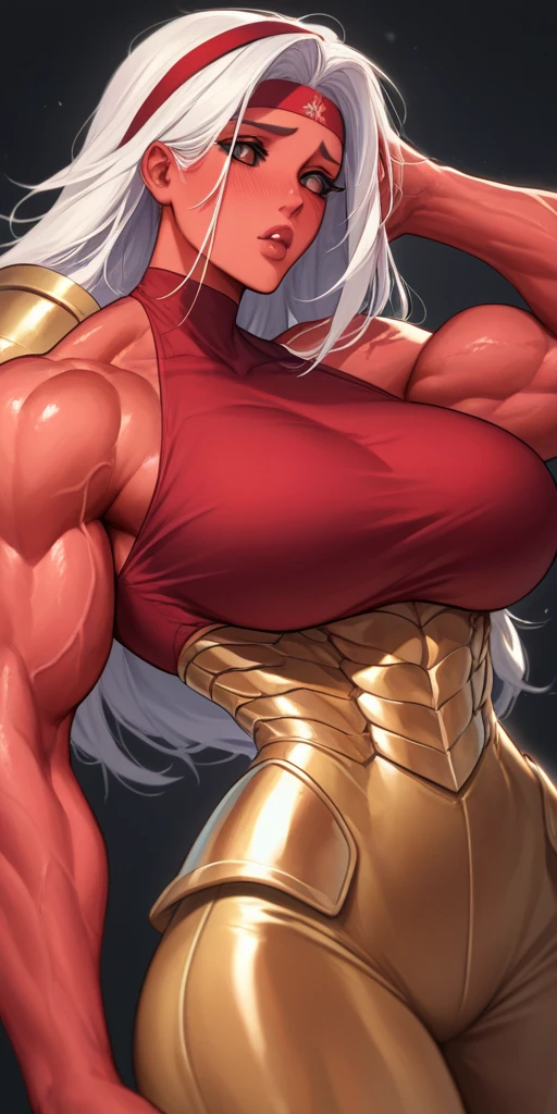 Muscular busty beautiful young female dc comics Shazam, huge strong biceps, tonned strong abs, huge round boobs, enormous firm tits, hyper muscular, bodybuilder muscles, bursting in strength, large hips, red costume, white hair, dc comics Shazam