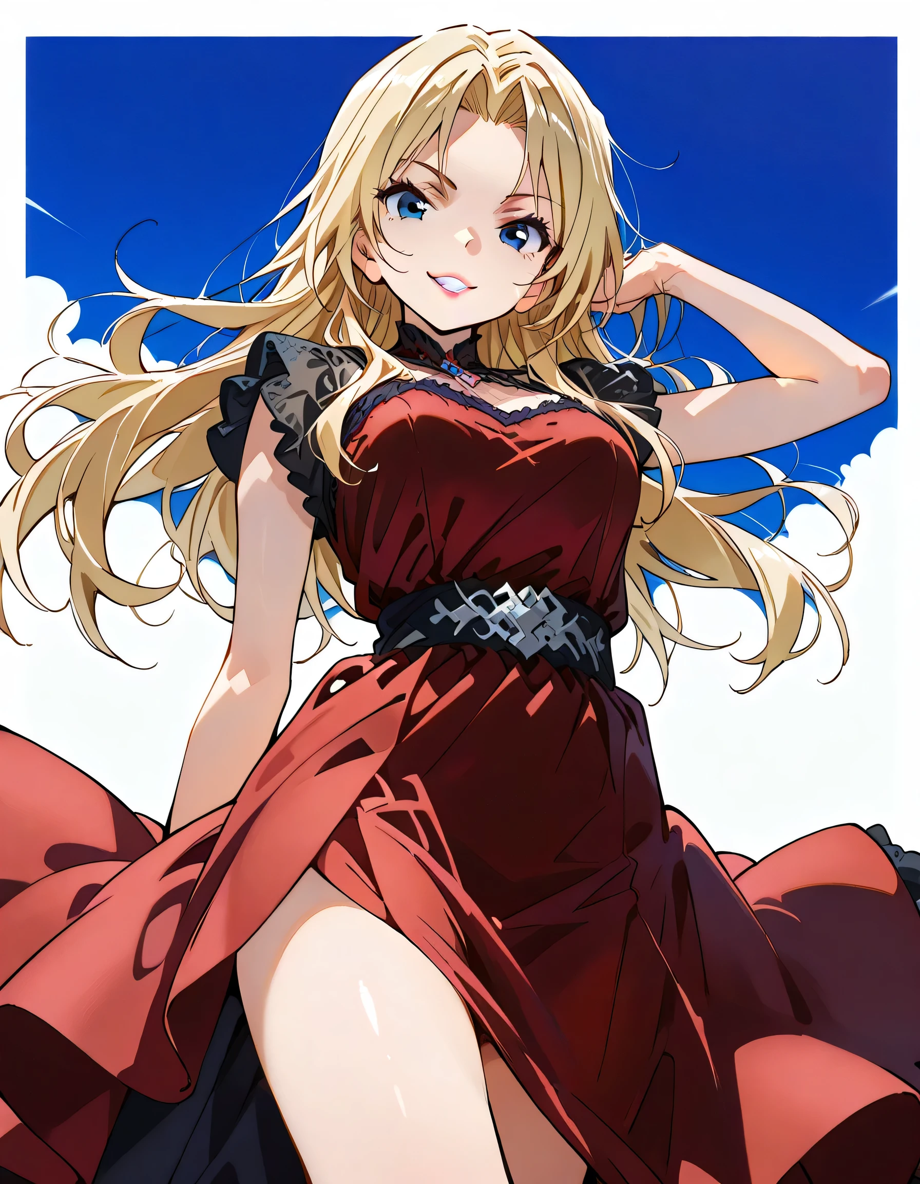 (dynamic angle,dynamic standing pose),looking at viewer:1.3,solo,Vermouth,long hair,blonde hair,natural cosmetic,adult female face,purple full lips,pride,blue eyes,red dress,nice legs,grin,soft lineart,(white color background)
