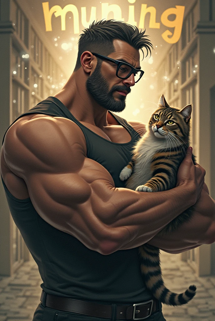 A muscular black man is holding a cat.
