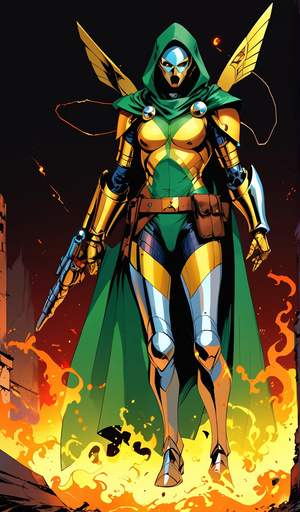 Drawn in 80’s anime art style.
Retro anime. Vintage Anime. Classical Anime.
The outfit is a highly recognizable and iconic superhero suit, primarily green and black, designed for both style and functionality. Here’s a detailed breakdown of its elements:
This person’s combat attire is a fusion of medieval warlord aesthetics, cutting-edge technology, and dark sorcery. He wears a cold, expressionless metal mask fused to his scarred face, paired with a reinforced helmet for added protection. His titanium alloy armor, sometimes infused with vibranium, grants superhuman strength, energy projection, and force field generation, making him nearly indestructible. Over this, he dons a fire-resistant green cloak and hood, often enchanted for extra defense. His gauntlets and boots contain built-in electrical weapons, jet propulsion for flight, and shock-absorption systems. A utility belt holds advanced gadgets, anti-magic tools, and teleportation devices, while his armor is infused with sorcery, allowing him to resist and counter magical attacks. His regal golden clasps, bearing the Latverian insignia, sometimes function as power sources or communication devices. This fearsome combination of strength, science, and sorcery makes them an unstoppable force on the battlefield.
This outfit not only provides protection but also enhances the Superhero’s combat capabilities, making them an effective and stylish anti-hero.