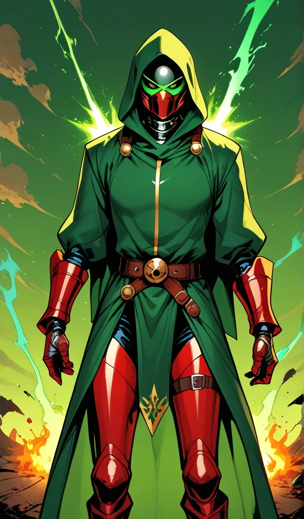 Drawn in 80’s anime art style. 
Retro anime. Vintage Anime. Classical Anime. 

The outfit is a highly recognizable and iconic superhero suit, primarily green and black, designed for both style and functionality. Here’s a detailed breakdown of its elements:

This person’s combat attire is a fusion of medieval warlord aesthetics, cutting-edge technology, and dark sorcery. He wears a cold, expressionless metal mask fused to his scarred face, paired with a reinforced helmet for added protection. His titanium alloy armor, sometimes infused with vibranium, grants superhuman strength, energy projection, and force field generation, making him nearly indestructible. Over this, he dons a fire-resistant green cloak and hood, often enchanted for extra defense. His gauntlets and boots contain built-in electrical weapons, jet propulsion for flight, and shock-absorption systems. A utility belt holds advanced gadgets, anti-magic tools, and teleportation devices, while his armor is infused with sorcery, allowing him to resist and counter magical attacks. His regal golden clasps, bearing the Latverian insignia, sometimes function as power sources or communication devices. This fearsome combination of strength, science, and sorcery makes them an unstoppable force on the battlefield.

This outfit not only provides protection but also enhances the Superhero’s combat capabilities, making them an effective and stylish anti-hero.