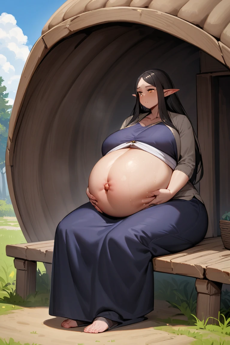 Bbw girl with huge fat chubby soft belly, she's sitting next to a dragon skull. Pretty face, très détaillée, robe noire, gros ventre