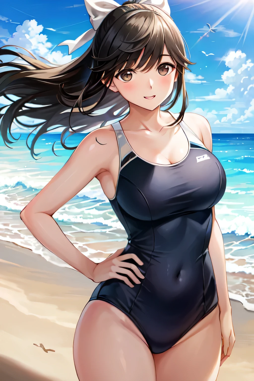 semirealistic, pov, cowboy shoot, 1girl, manaka takamine, hair bow, one-piece swimsuit, beach, Dynamic Range:1.2, She stands confidently with her hands on her hips, looking towards the sea, the wind catching her flowing sundress, Her face lights up with a broad, genuine smile, eyes sparkling in the sunlight, The soft golden sand stretches out behind her, meeting the turquoise waves gently lapping at the shore, (extremely detailed, masterpiece, high resolution, absurdres,4K)